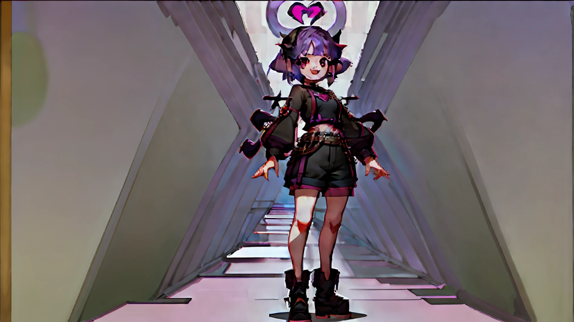 ((masterpiece,best quality)),1girl, loli, solo,elf ears, heart shaped earrings, heart shaped pupils, short hair, ((purple hair)), a pink streak on the bangs, ((a gap between the teeth)), Long black t shirt, long sleeves, shorts with chain, full body,((fangs))