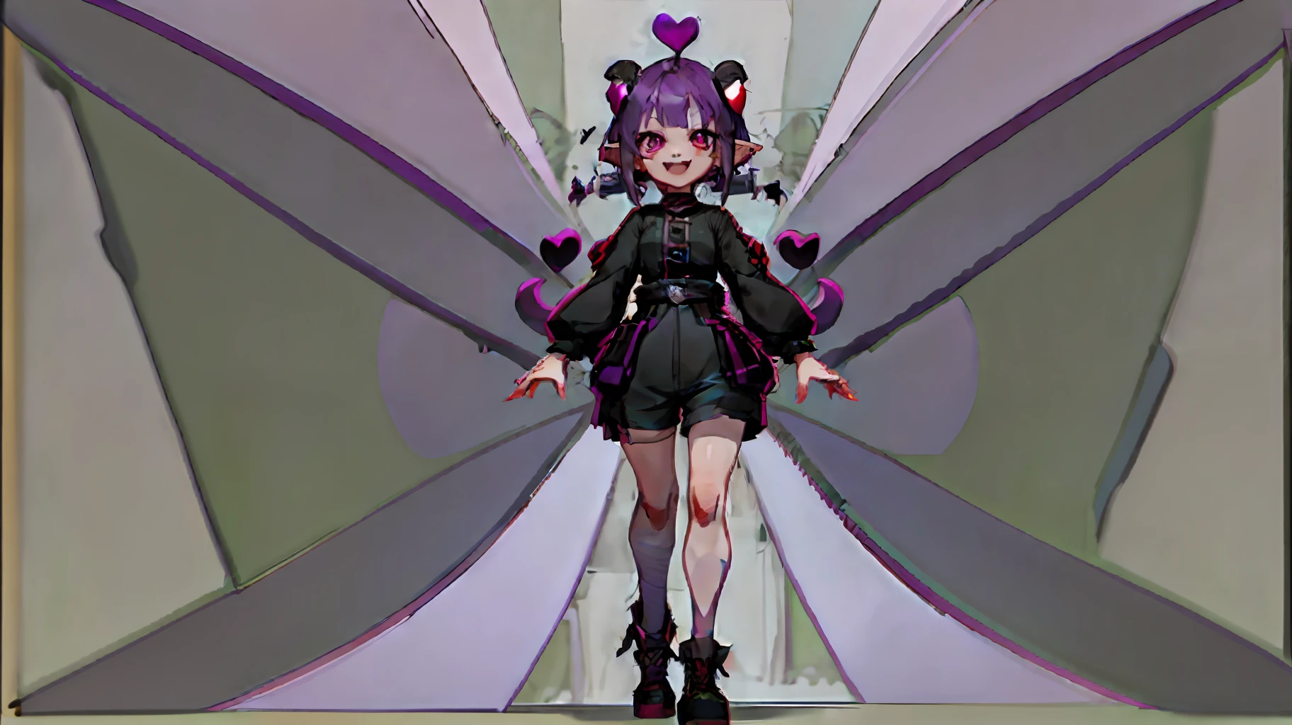 ((masterpiece,best quality)),1girl, loli, solo,elf ears, heart shaped earrings, heart shaped pupils, short hair, ((purple hair)), a pink streak on the bangs, ((a gap between the teeth)), Long black t shirt, long sleeves, shorts with chain, full body,((fangs))