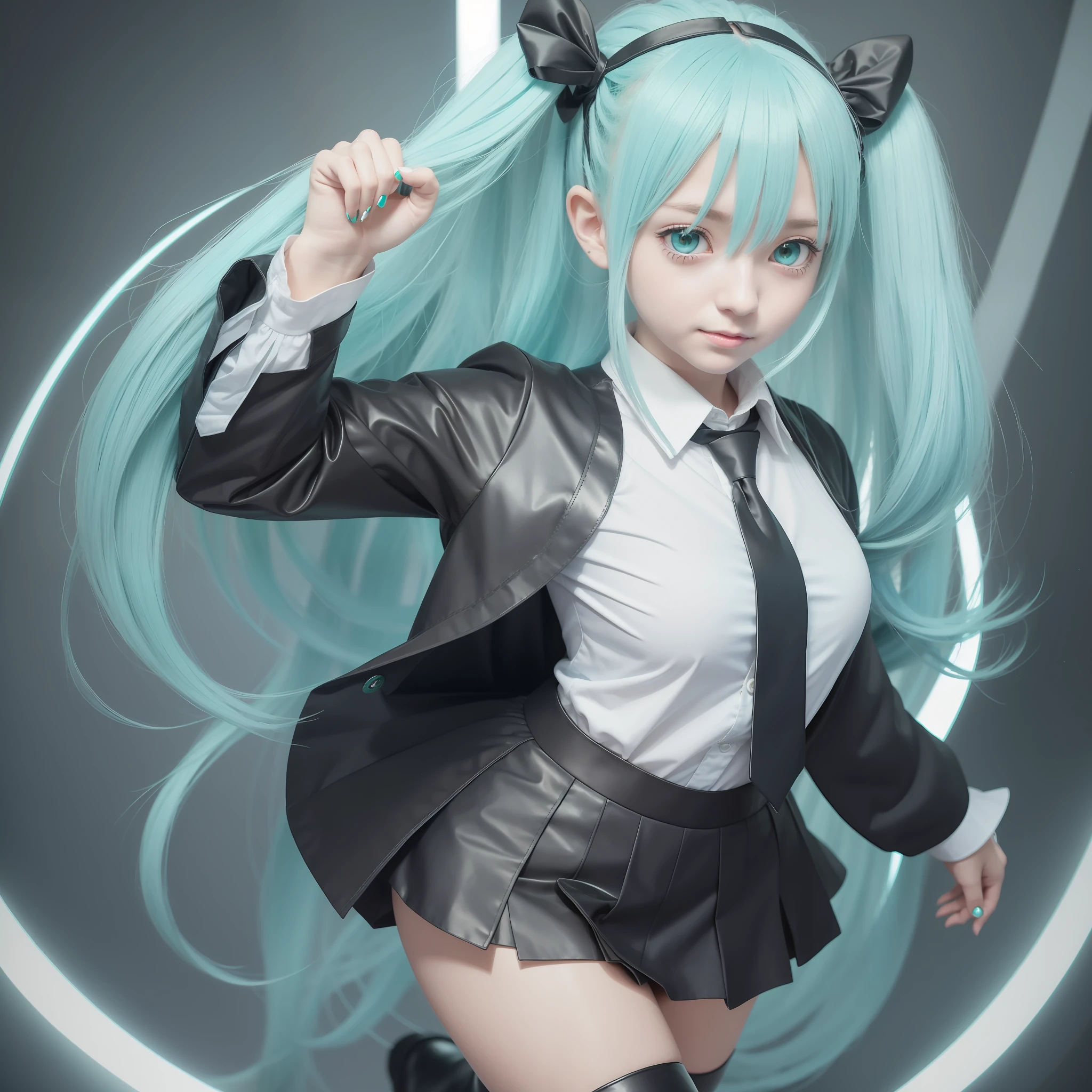 female hands, young girl, short skirt, light blue hair, bangs, twintails, long hair, green eyes, surprise, black skirt, dark grey blouse, green tie, miku hatsune, dilated pupils, latex boots, cinematic lighting, smile, closed mouth, green details on clothing, artwork, best quality --auto --s2