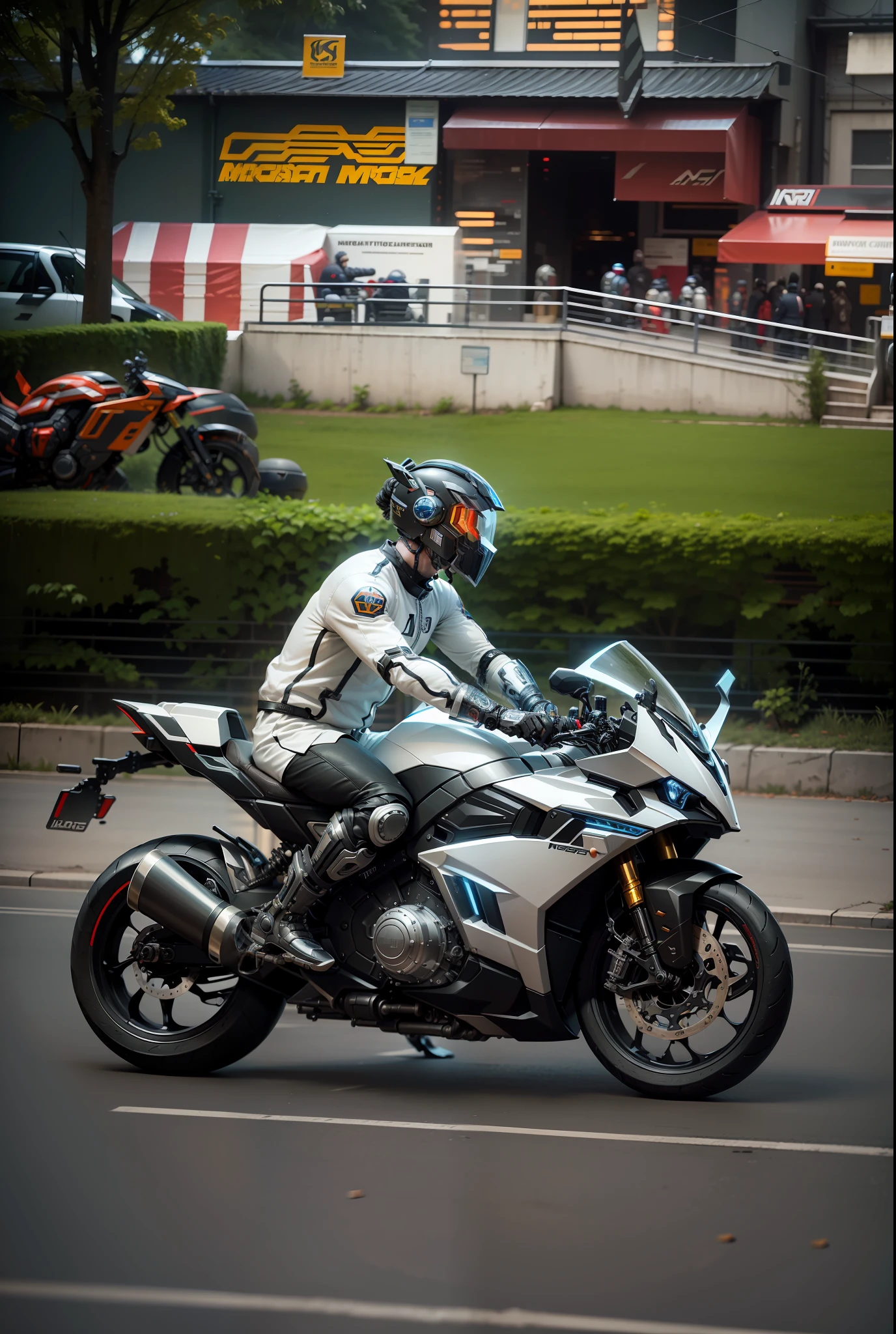 Cyber Male Warrior and Cyber Tech Mechanical Motorcycle, mighty Male Warrior, Nousr, Biomechanics, MSHN Robot Man, Cyber Tech Helmet, Surreal, Steel, Intricate Design, Crazy Details, Fine Details, Extremely Clear Lines, Cinematic Lighting, Photo Realistic, Detailed Masterpiece