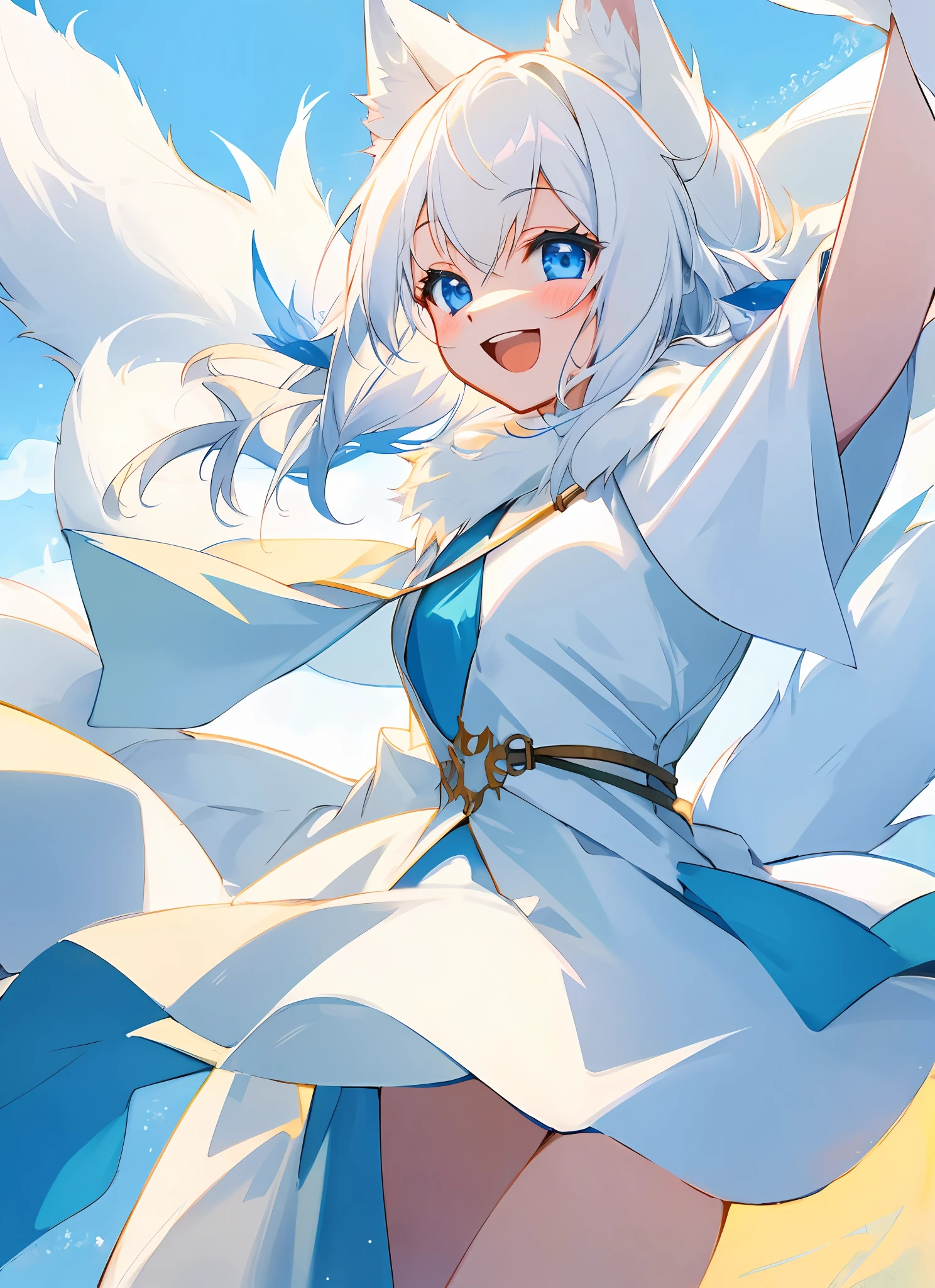 1 girl, furry woman, white fox, masterpiece, light blue eyes, light smile, open mouth, \: