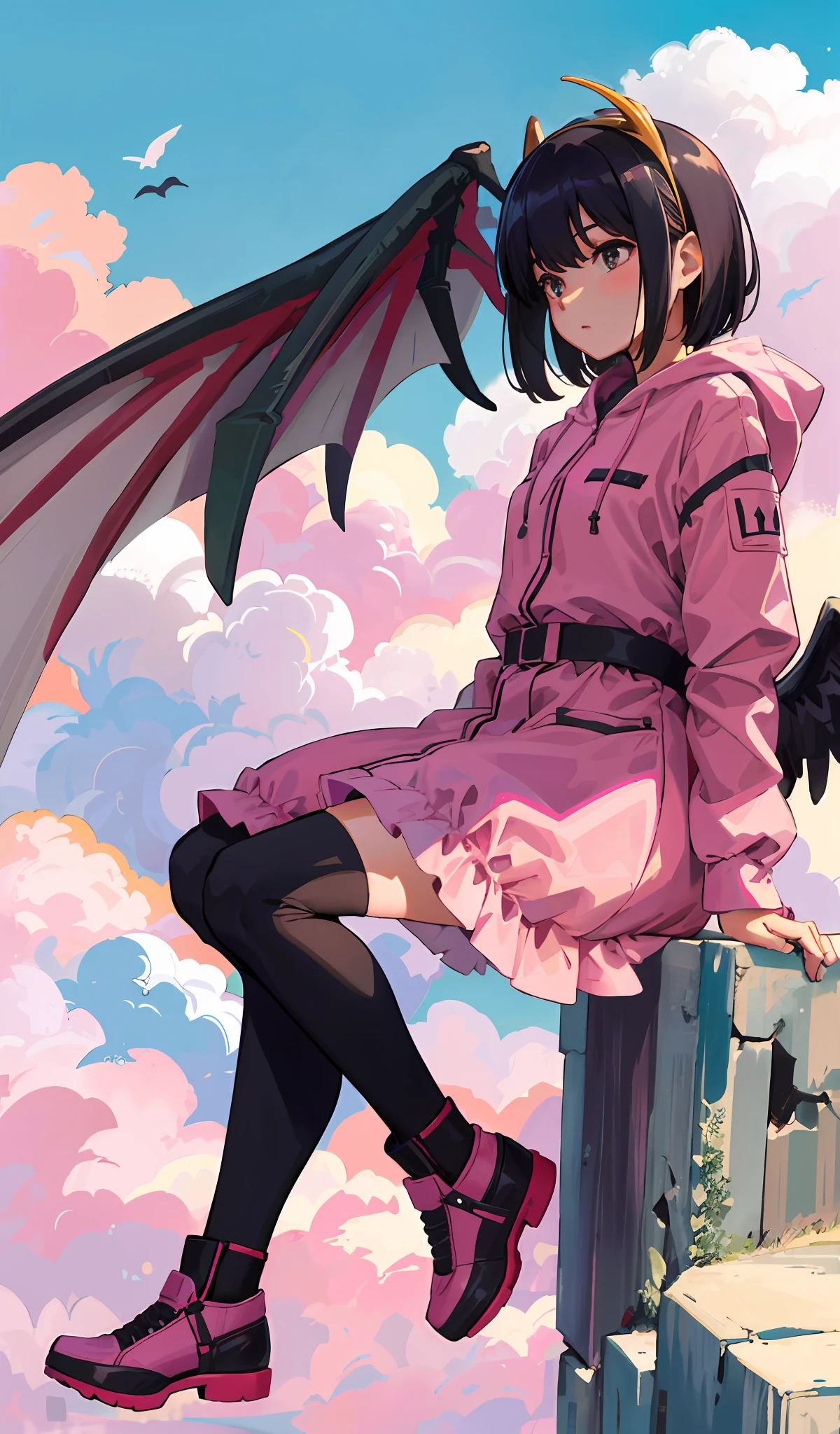 4k, realistic, carismatic, very detail, there is a girl on sky, wearing dino costum, she is dino girl, wings, pink theme, black hair, 25 years old, full body