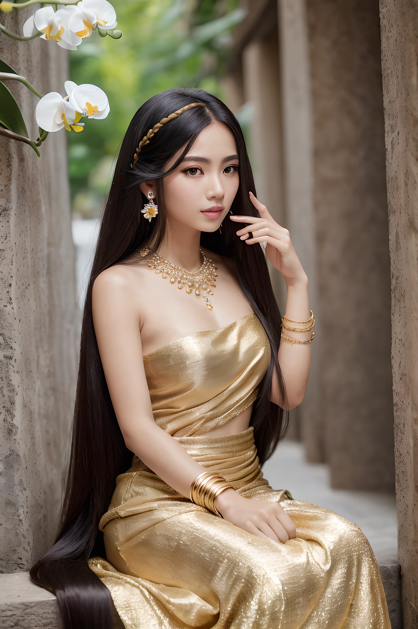 (masterpiece), (portrait), (aesthetic), (beautiful), (upper blody), (high quality), (aesthetic clothings), (professional angle), (rule of thirds), (Feminine), (woman), (female), (beautiful),(feminine features), (25 years), solo, 1 woman, (attractive Thai), Summer, Natural light, (Sitting), Fresh Makeup, (Medium bust), ((holding a Thai Orchid)), (Side face), (Serene expression), ((Relaxing)), Beaded Bracelet, ((Long hair)), (Black hair), (Straight hair), (Silky hair), Glossy shine hair, (Hairpin in hair), (Brown eyes), (Elegant, Natural look), (Golden skin), (Floral clothing), (Flowy Dress), (Sandals), (Skirt), Sweetheart neckline), ((Urban background)), (- in background), (Full Shot shot), beautiful hands, two hands, normal hands, two arms, complete hands, beautiful body, beautiful fingers, normal fingers, five fingers, five fingers, (Thumb index meddle ring little fingers), beautiful ears, normal ears, beautiful eyes, shiny eyes, beautiful mouth, beautiful lips,