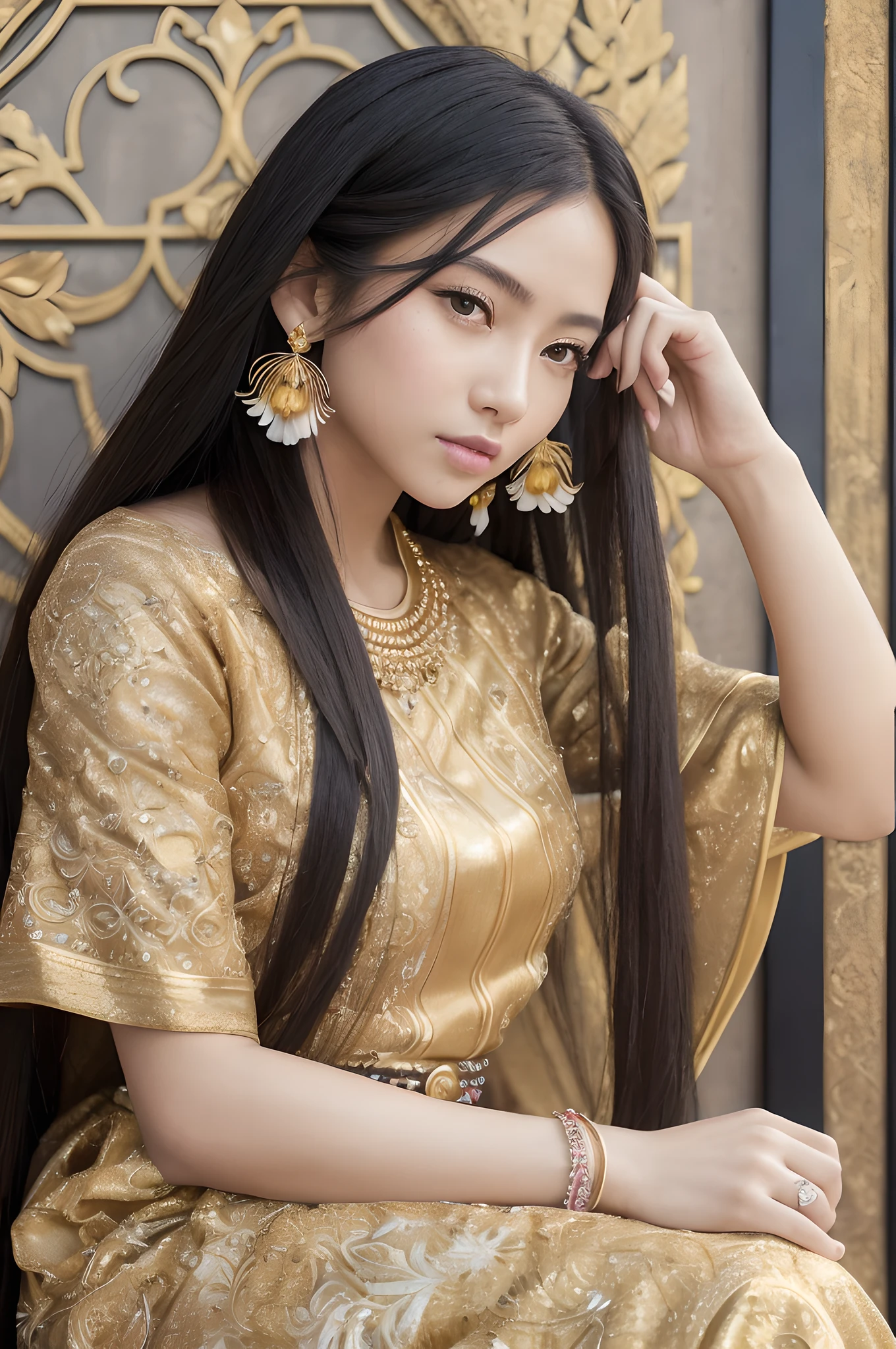 (masterpiece), (portrait), (aesthetic), (beautiful), (upper blody), (high quality), (aesthetic clothings), (professional angle), (rule of thirds), (Feminine), (woman), (female), (beautiful),(feminine features), (25 years), solo, 1 woman, (attractive Thai), Summer, Natural light, (Sitting), Fresh Makeup, (Medium bust), ((holding a Thai Orchid)), (Side face), (Serene expression), ((Relaxing)), Beaded Bracelet, ((Long hair)), (Black hair), (Straight hair), (Silky hair), Glossy shine hair, (Hairpin in hair), (Brown eyes), (Elegant, Natural look), (Golden skin), (Floral clothing), (Flowy Dress), (Sandals), (Skirt), Sweetheart neckline), ((Urban background)), (- in background), (Full Shot shot), beautiful hands, two hands, normal hands, two arms, complete hands, beautiful body, beautiful fingers, normal fingers, five fingers, five fingers, (Thumb index meddle ring little fingers), beautiful ears, normal ears, beautiful eyes, shiny eyes, beautiful mouth, beautiful lips,