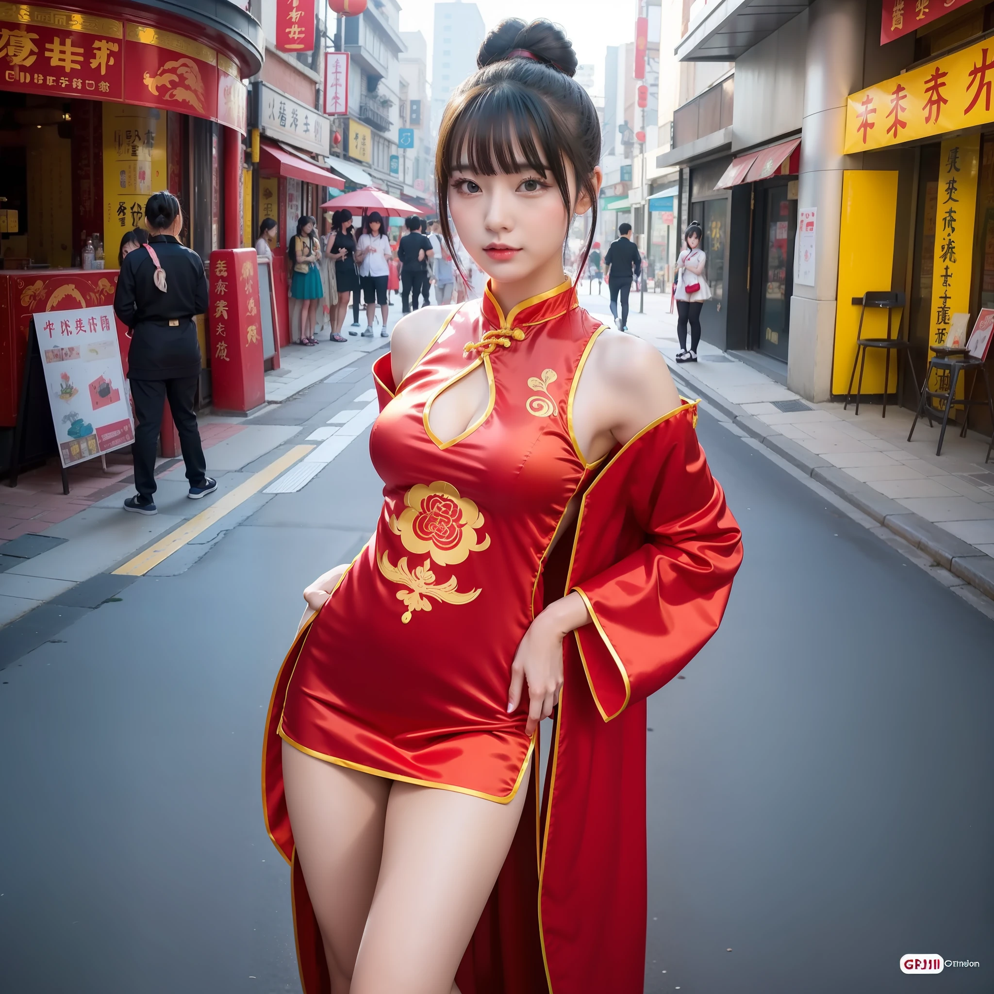 Anime girl in Chinese style costume posing on city street, cheongsam, bun hair, best 4K Conachan wallpaper,, trending on CGSTATION, 4K, trending on art station pixiv, seductive girl, Citao, gwise on pixiv art station, from girls frontline, gravure