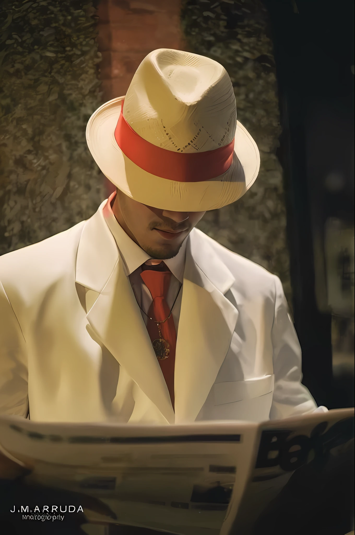 man in white suit and red tie reading a newspaper, white suit and hat, a man in a hat, tilting his fedora, noir detective and a fedora, wearing white suit, white suit, handsome man, instagram photo, straw hat and album, wearing futuristic white suit, masterpiece, best quality, high quality, extremely detailed CG unit 8k wallpaper, award-winning photography, Bokeh, Depth of Field, HDR, bloom, chromatic aberration, photorealistic, extremely detailed, trend in artstation, trend in CGsociety, intricate, high detail, dramatic, art in the middle of the journey, volumetric lighting