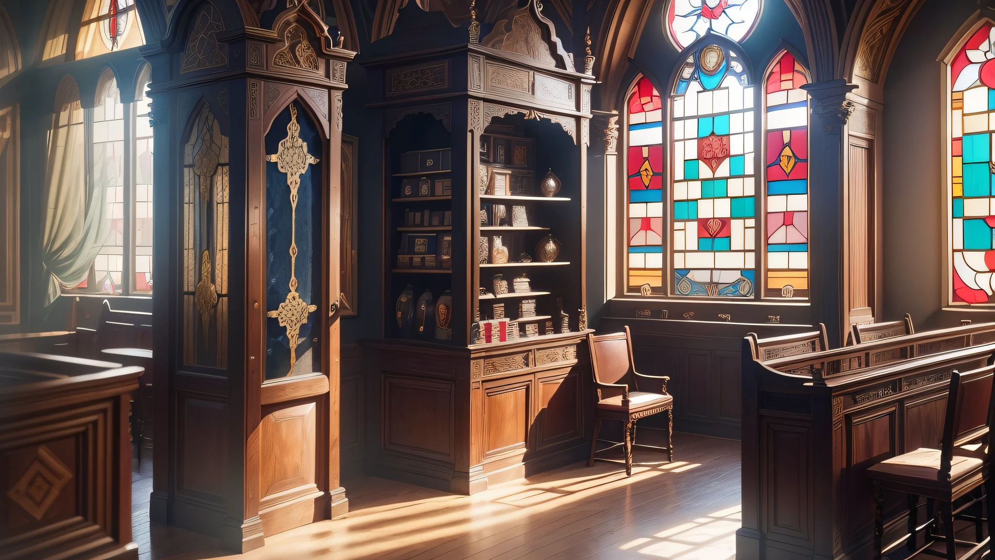 A clothing store, Medieval costumes, Republic of China European-style small bungalow decoration, The two rooms are separated by stained glass in the church, Sunlight shines in through the windows, Blew the curtains, The shelves are filled with vintage jewelry, rococo style, cinematic lighting, film grain, Wide-Angle, UHD --auto --s2