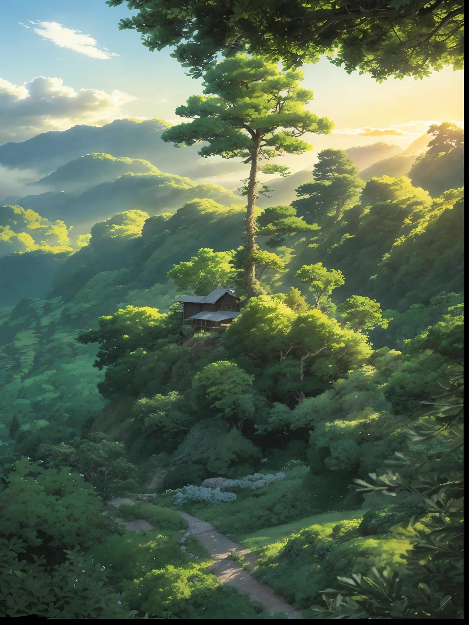 full of flowers, anime landscape concept art, anime background art, Makoto Shinkai's style, studio Gibley Shinkai Makoto, beautiful anime landscape, anime landscape, detailed scenery - width 672, anime painter studio, painted in anime countryside landscape, (modern landscape of Japan), (Hayao Miyazaki style), Japan modern house, bend, small house, tree, white clouds, landscape, outdoor, green tree, Magnificent composition, realistic lighting, high-resolution details, masterpieces, top quality, (highly detailed CG unified 8k wallpaper), --v6