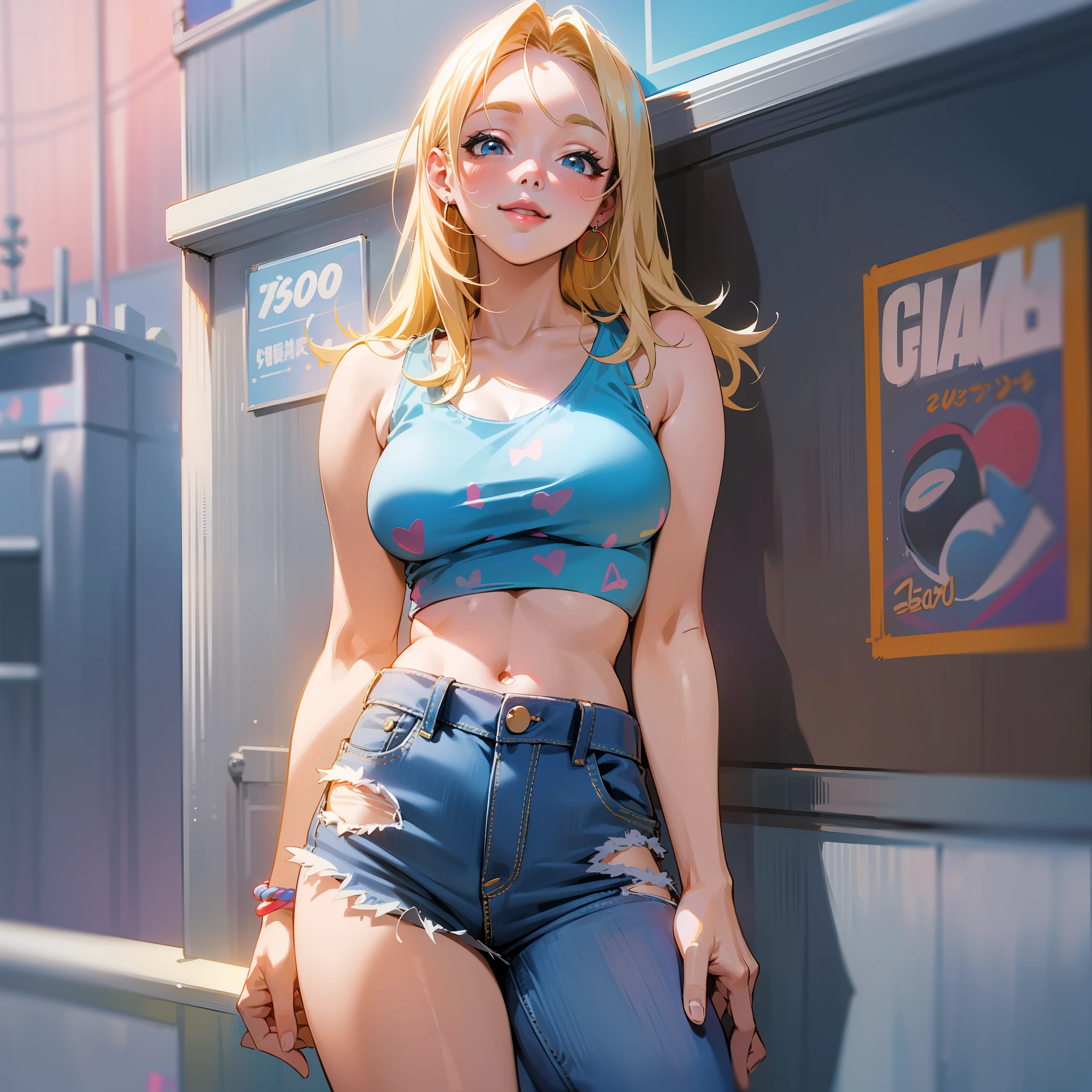 Blonde, straight hair, medium hair, upward, smile, happy, Heisei, tank top with light blue and blue border, mini skirt with jeans fabric, lips fabulous, red chubby lips, gal, background is club, background is dim party, 1990s Japan club, eyes are gray, gal,