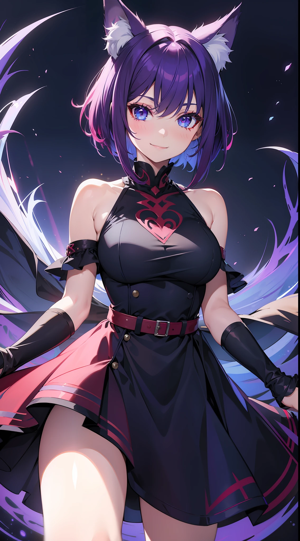 Fashionable girl, short purple hair, red strand, blue eyes, wolf ears and tail, black light beautiful dress, smile, masterpiece, high quality
