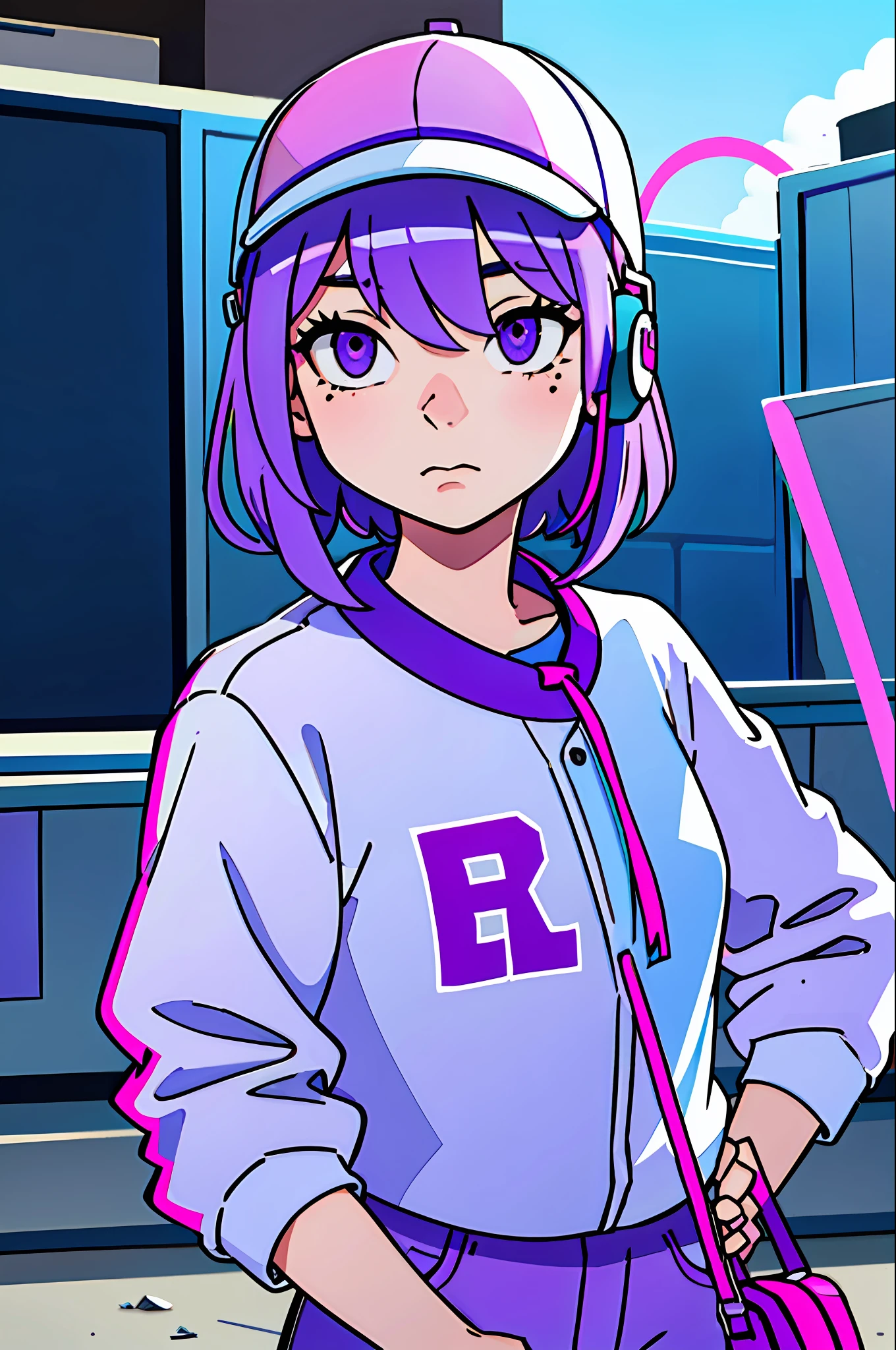 Girl, short blue-pink hair, purple eyes, light in the eyes, headphones around her neck, a mole at the corner of the eye, trendy dress, single full portrait, with purple baseball cap, long pants, (best-quality:0.8), perfect anime illustration, extremely close-up beauty