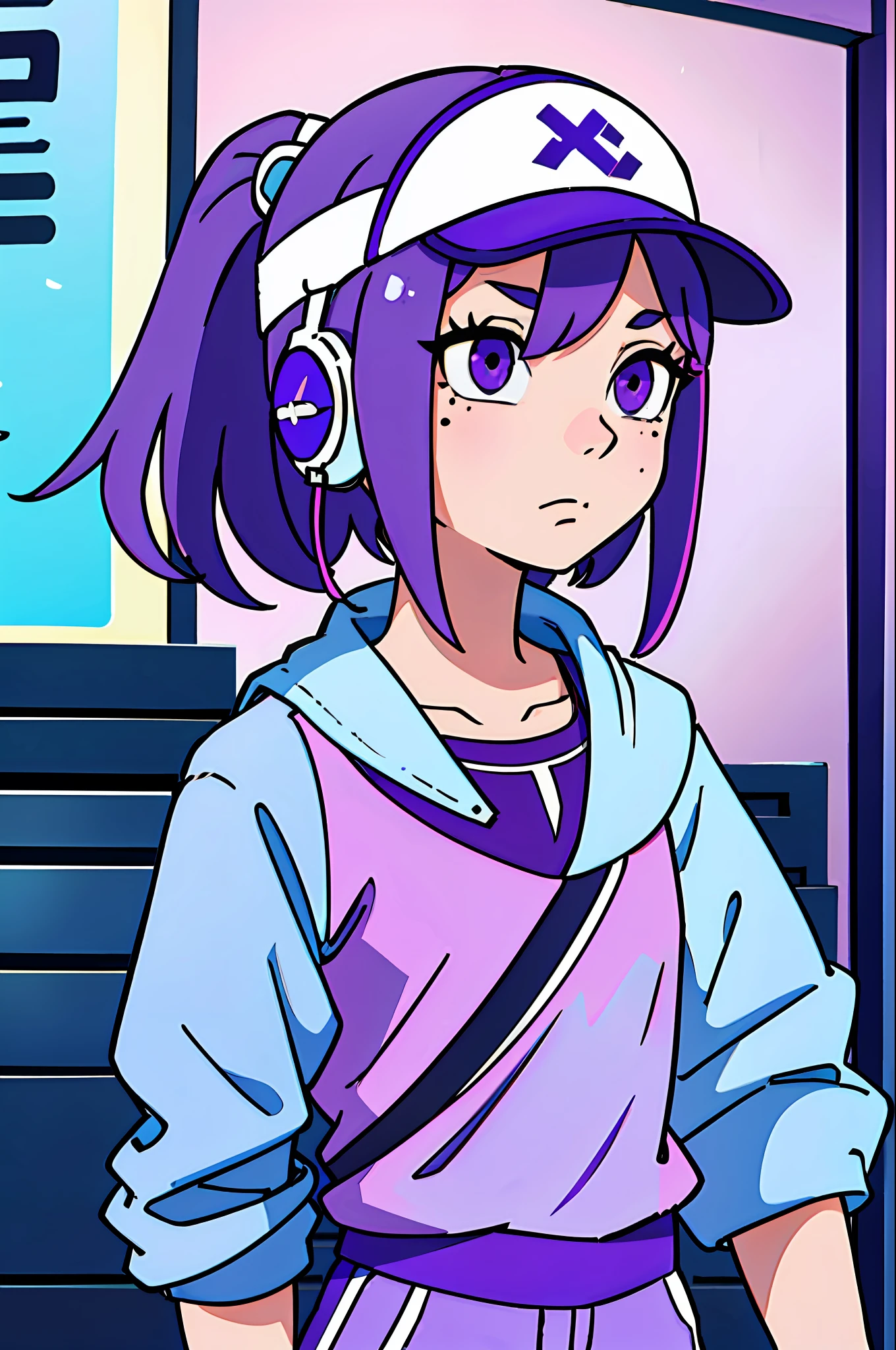 Girl, short blue-pink hair, purple eyes, light in the eyes, headphones around her neck, a mole at the corner of the eye, trendy dress, single full portrait, with purple baseball cap, long pants, (best-quality:0.8), perfect anime illustration, extremely close-up beauty