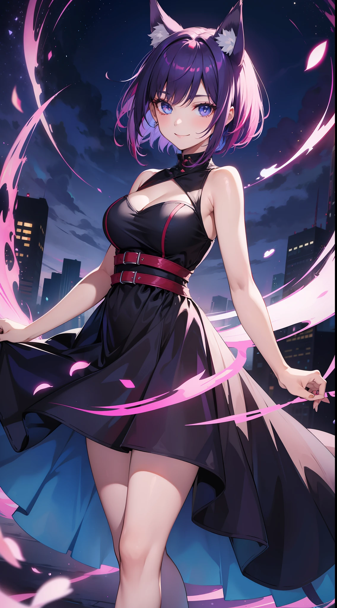 Fashionable girl, short purple hair, red strand, blue eyes, wolf ears and tail, black light beautiful dress, smile, masterpiece, high quality