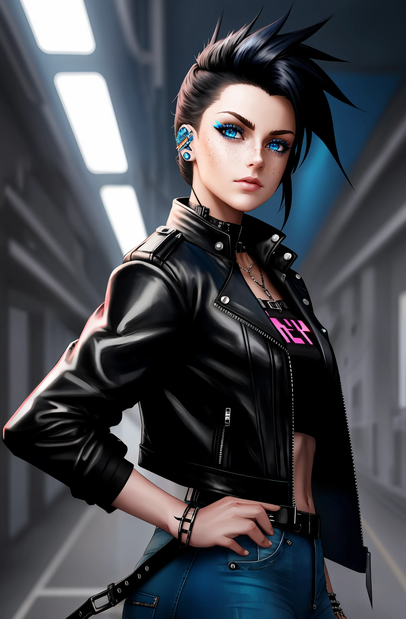 anime - style image of a woman with a leather jacket and jeans, jet black hair cyberpunk girl, cyberpunk anime girl, female cyberpunk anime girl, modern cyberpunk anime, digital cyberpunk anime art, urban girl fanart, diesel punk woman, mirror edge art style, anime cyberpunk art, digital cyberpunk - anime art,  mechanical punk costume, cyberpunk Judy Alvarez, anime style 3D, (((blue eyes))),(( freckles on the nose))
