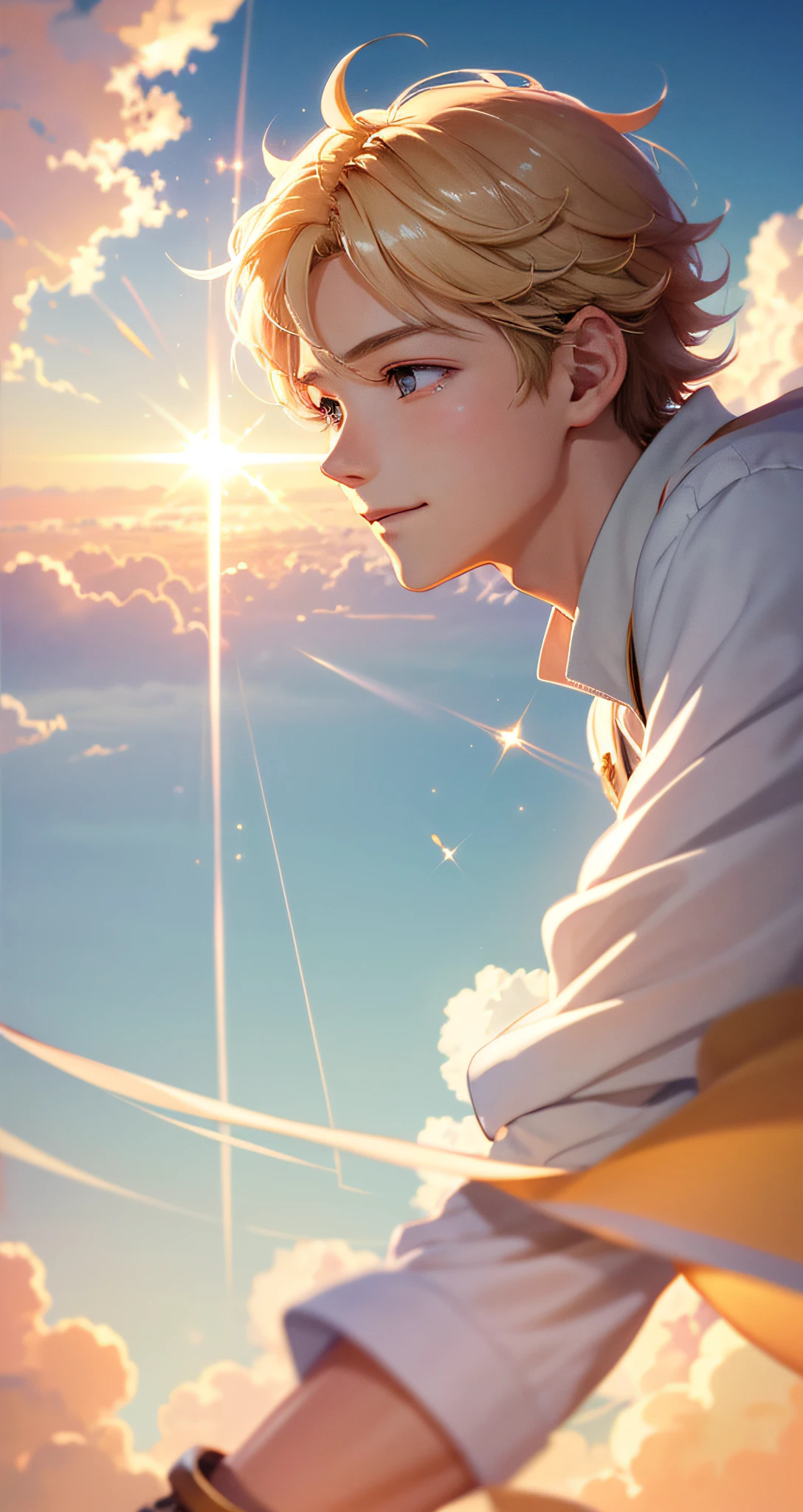 Masterpiece, Best Quality, Movie Stills, 1boy, Cloud Boy, Anime Male Protagonist, Beautiful Boy, Floating in the Sky, Close-up, Bright, Happy, Warm Soft Light, Sunset, (Sparkle: 0.7)