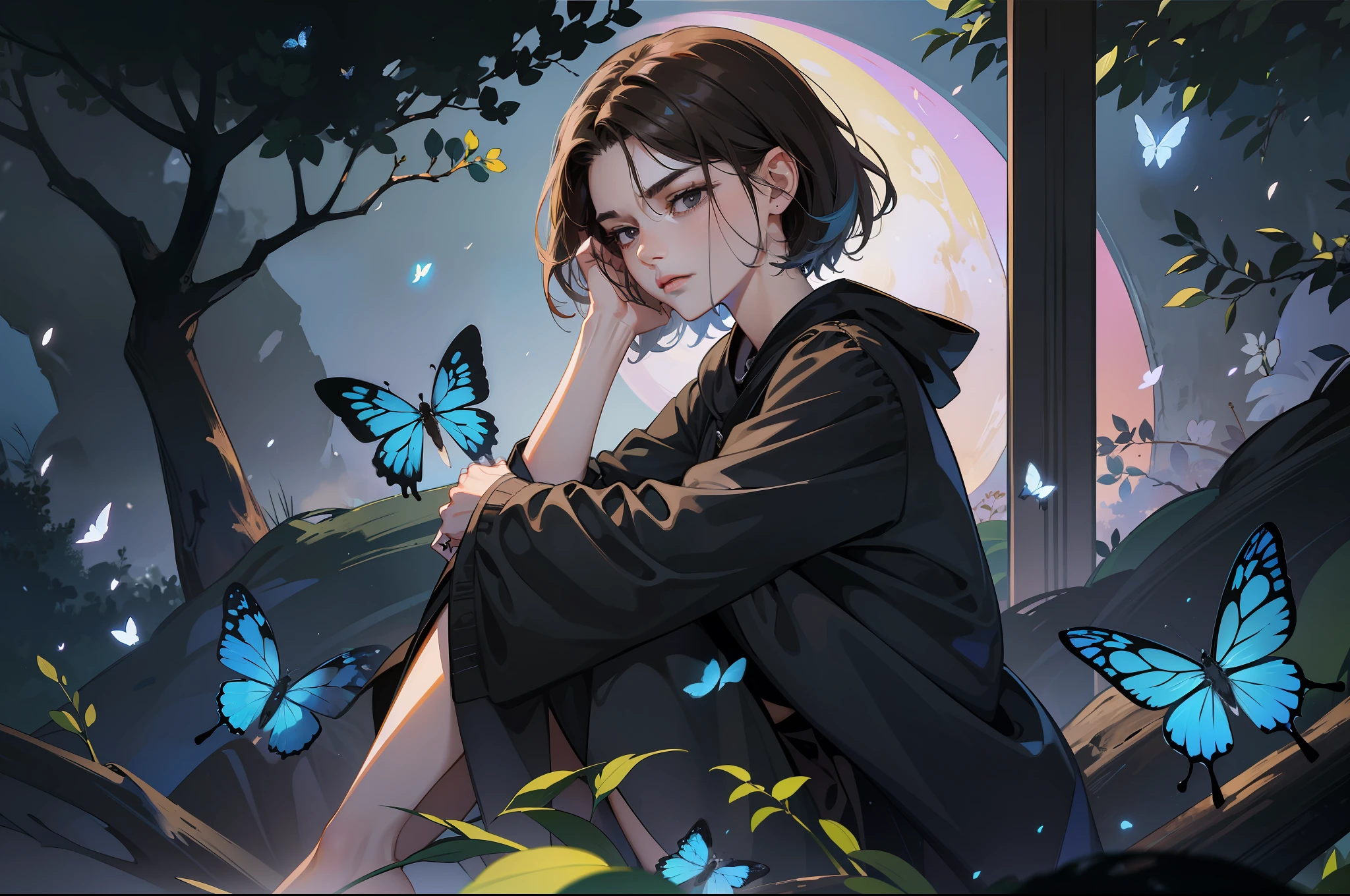 ((Superior quality, portraits, masterpieces, 8K: 1.3 wallpapers)), girl with short wavy brown hair (((SHORT HAIR))), obsidian-like black eyes (((BLACK EYES))), (((ANNOYING, SERIOUS LOOK))) sitting on a branch of a mueto tree, bioluminescent blue butterflies, dark hour, perfect shadows and reflections of the moon on the scene. black dress covered, dark clothes of MOURNING, CLOTHES COVERING THEIR SKIN, TUNIC.