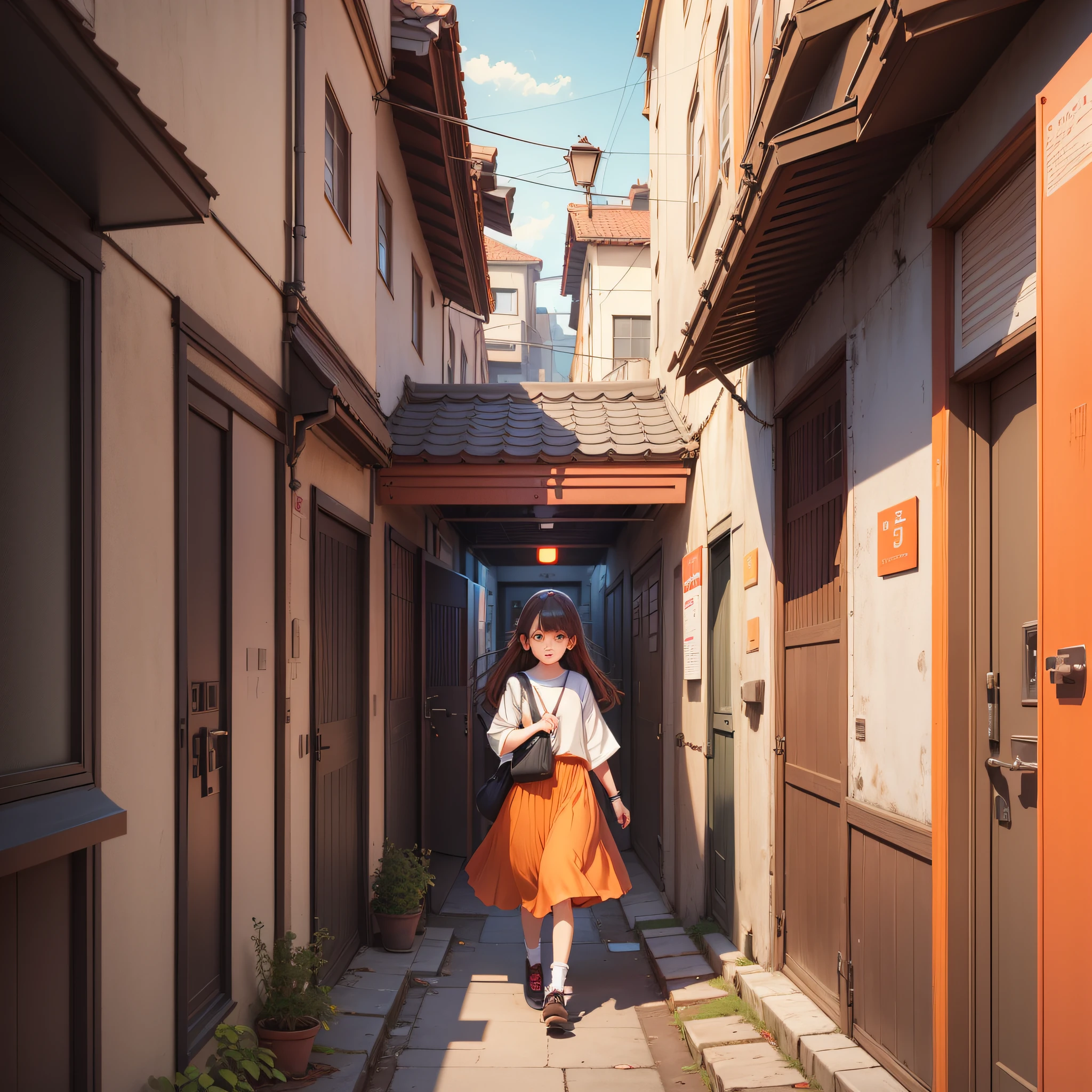 a girl is coming out of the door, in the style of anime art, childlike illustrations, red and orange, vray, onii kei, lively street scenes, dark brown and white --niji 5 --auto --s2