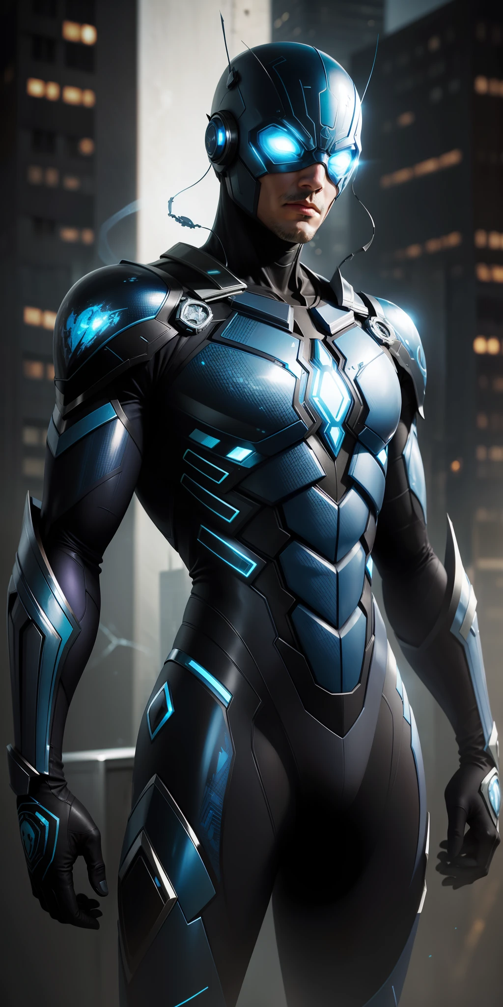 The best possible quality in 8k resolution with an ultra-detailed blue beetle image, in a futuristic white and purple suit, weapons, with a metallic spider web background. The focus is on the detailed textures and light and shadow effects on the suit. It adds a touch of Cyberpunk style, DC comics style in the composition. Metaphor with metallic spider web in the background, will add a stunning effect to the final image, fantastic work