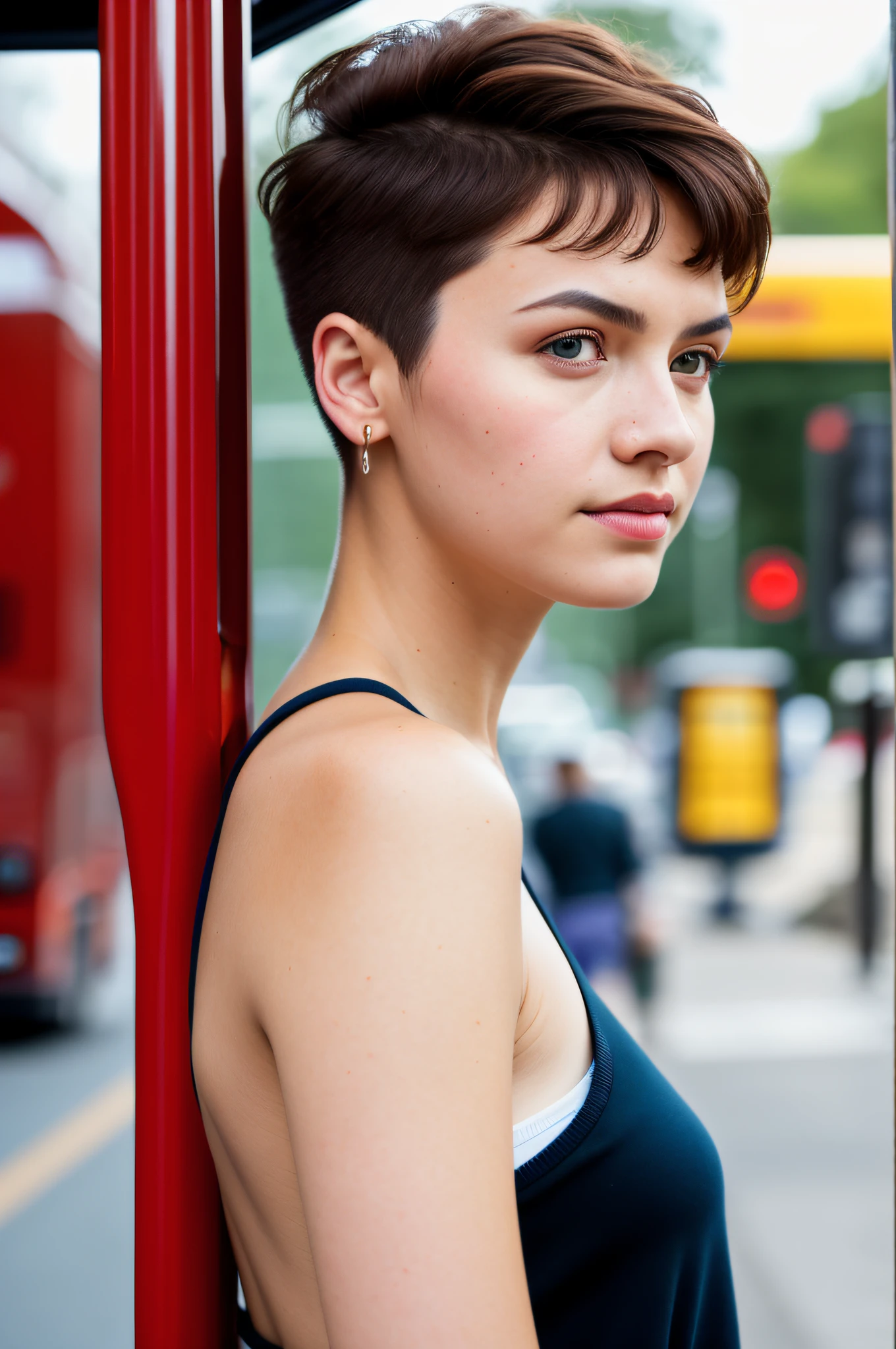 Masterpiece, best quality, highres, detailed, style, wide, UHD 8K, DSLR, Fujifilm XT3, vibrant, candid, dramatic, skin texture, film grain, night (American model stylish short hair looking at bus stop camera)