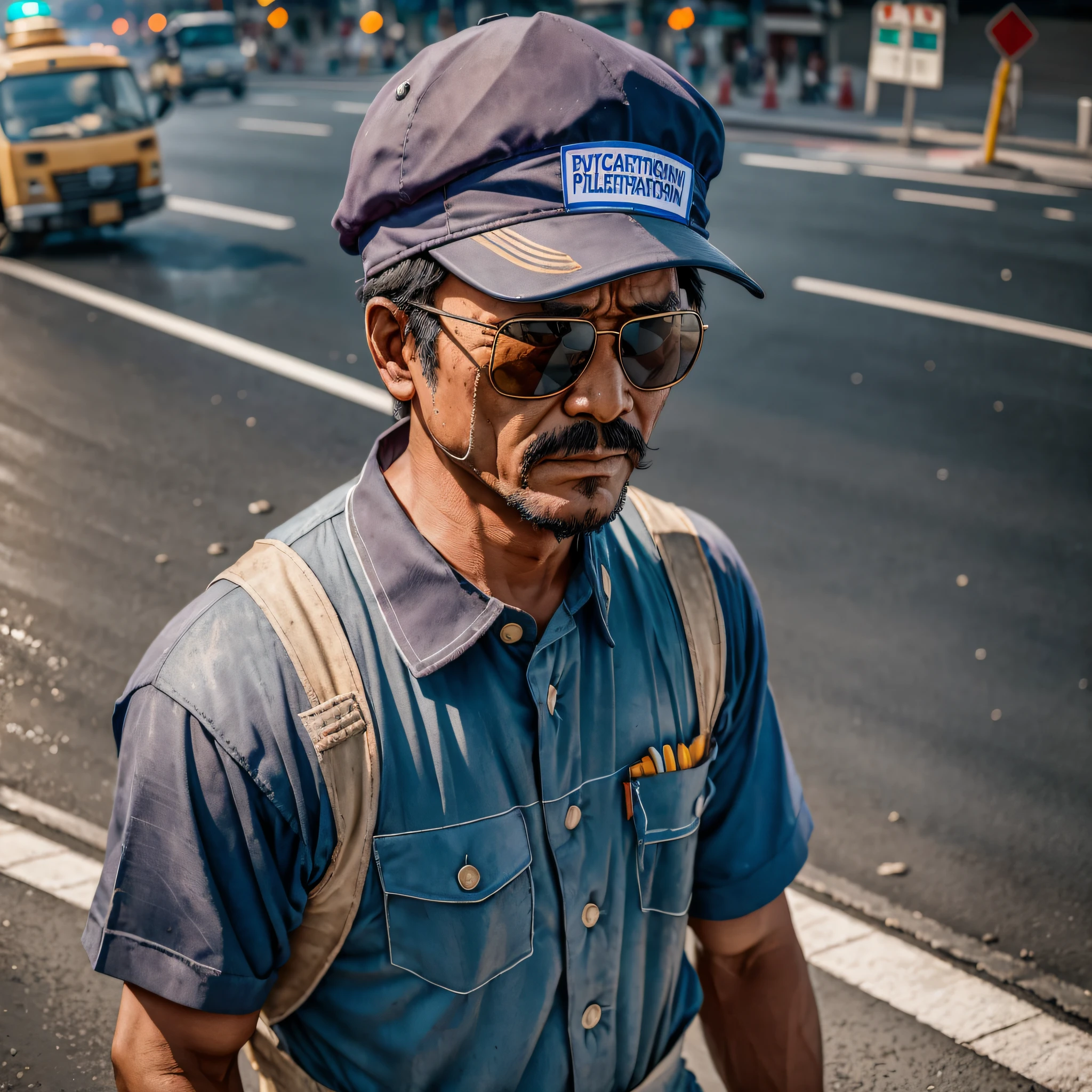Portrait photography, hyper-realistic sanitation worker, sweeping the road at an intersection wearing sunglasses, sad and real, another labor picture of the Chinese uncle, simple clothes