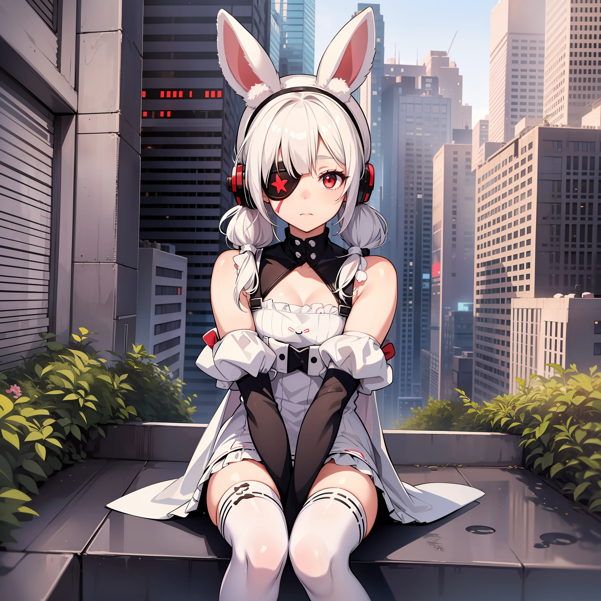girl, wearing one white eyepatch, short white hair in two pigtails, with bunny ear accessories, Wearing a short white House dress with a Beanie, red eyes, Holding a stuffed bunny, full body, zoom out, Sit in the garden in the cyberpunk city