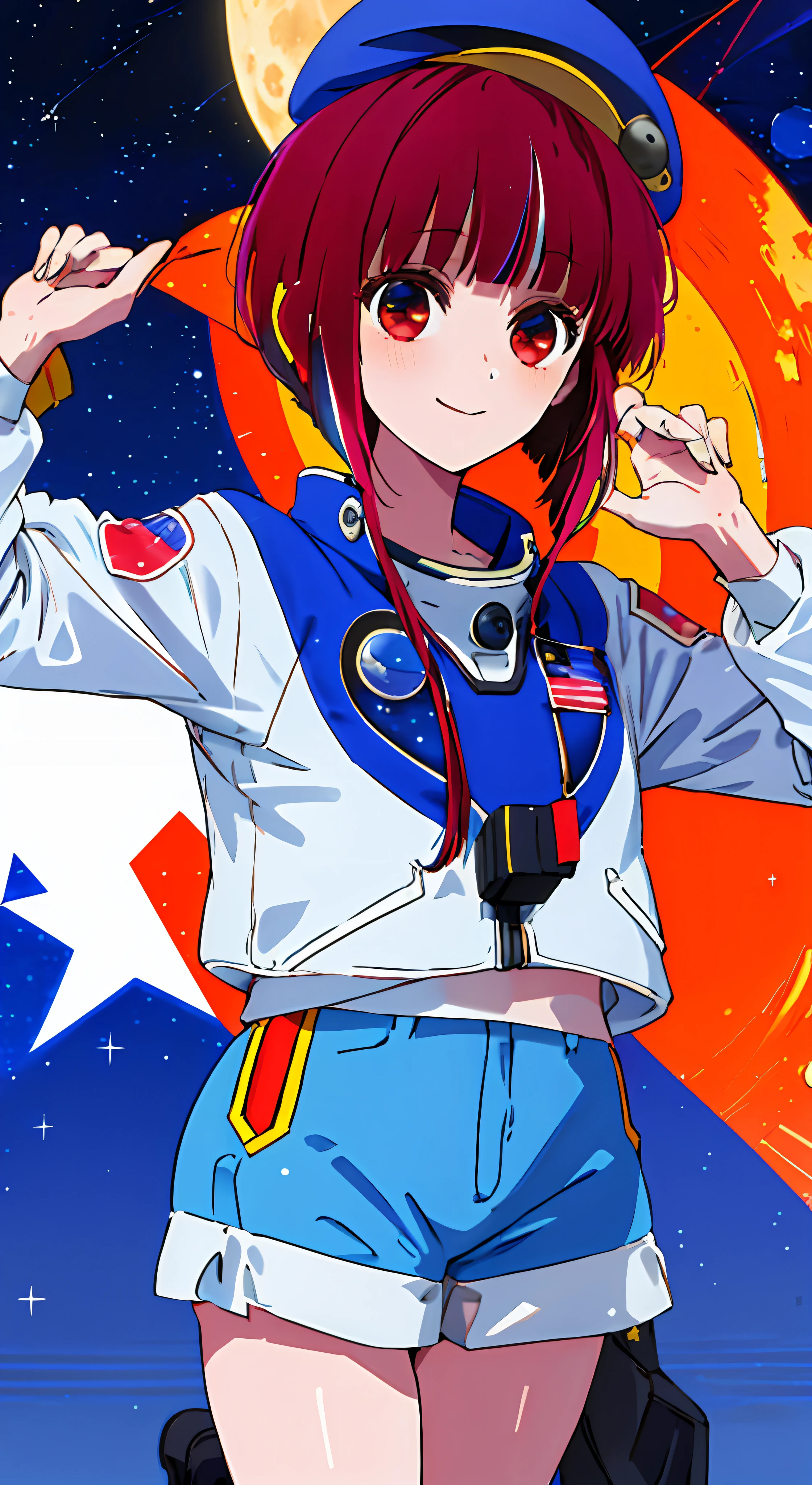 1girl, solo, astronaut , bangs,happy,posing, multicolored hair, moon background , Arima Kana, hat, blue headwear, beret, (masterpiece:1.2), highres, best quality, 8k, holding stars in hand, spacesuit