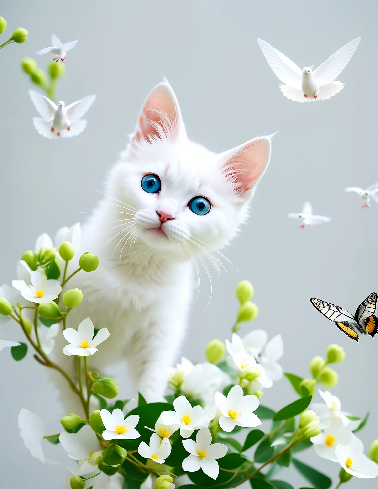 white kittens, flying doves, white flowers, crested white butterflies,