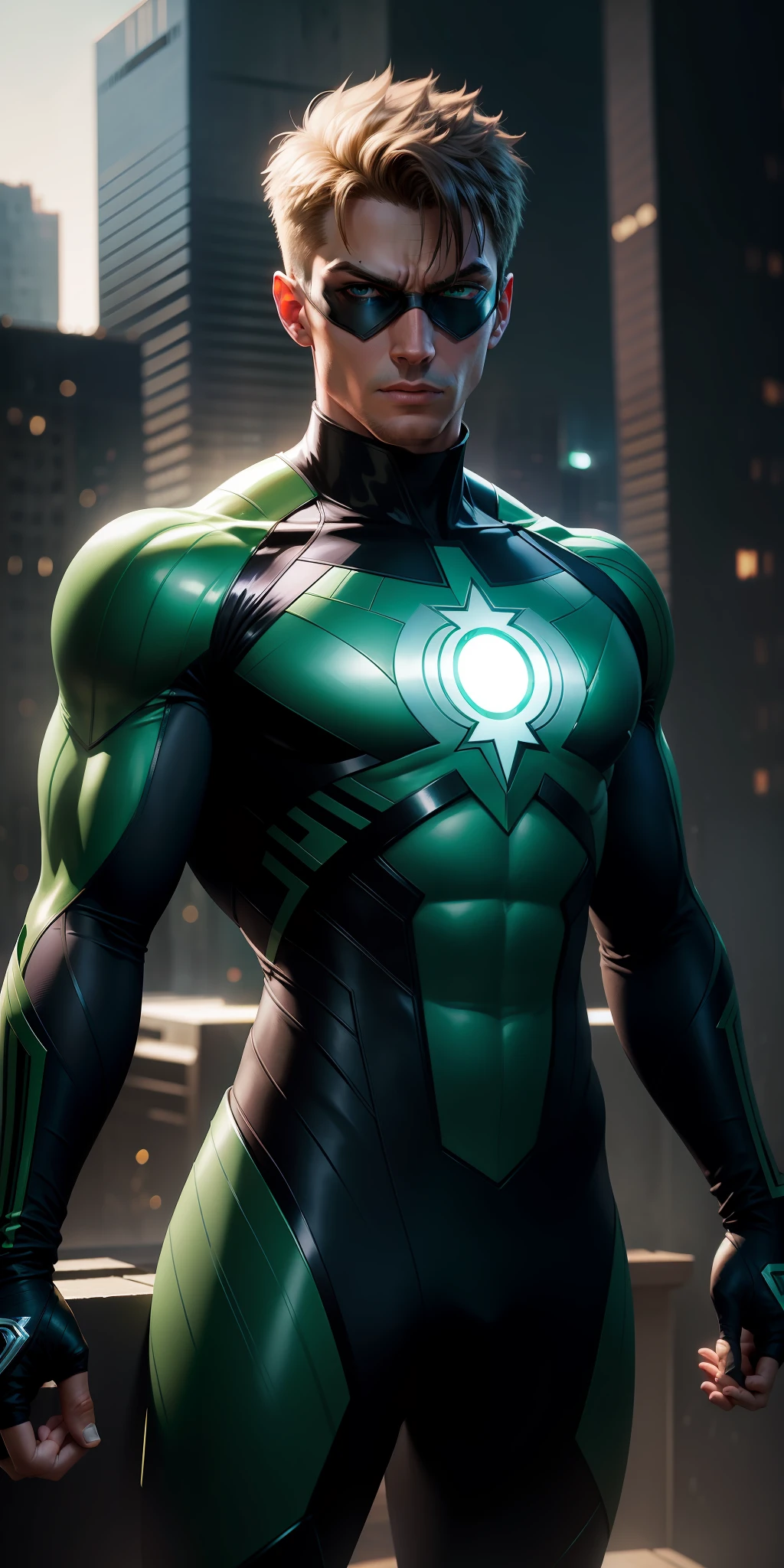The best possible quality in 8k resolution with an ultra detailed green lantern image in a futuristic white and purple suit fused with the Captain America suit, mask, mask, with a metallic spider web background. The focus is on the detailed textures and light and shadow effects on the suit. Add a touch of Cyberpunk style to the composition. Metaphor with metallic spider web in the background, will add a stunning effect to the final image