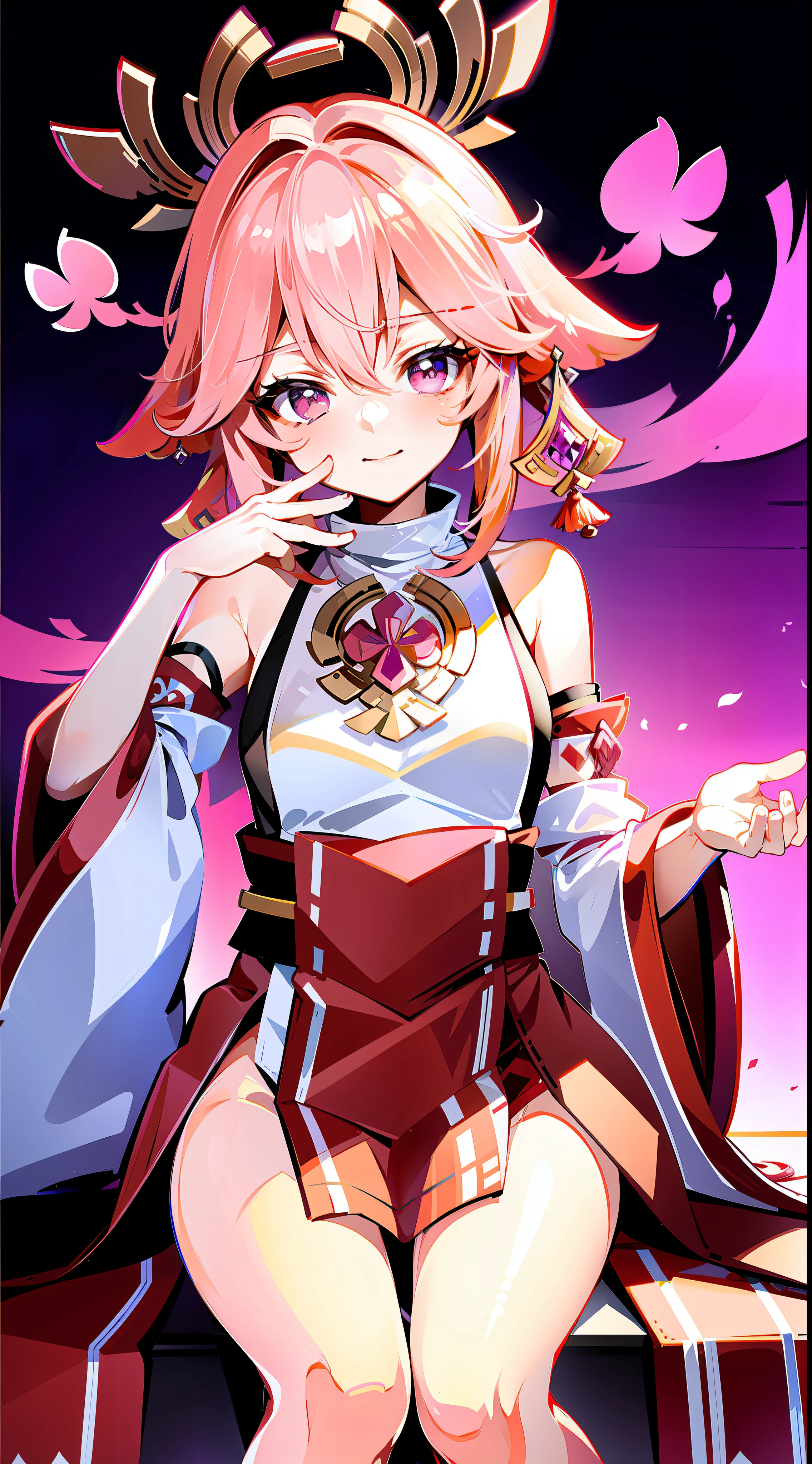 1girl, idol, yae miko, bare shoulders, lonh hair, pink hair, japanese style, sitting, ribbon_trim, 8k, high quality
