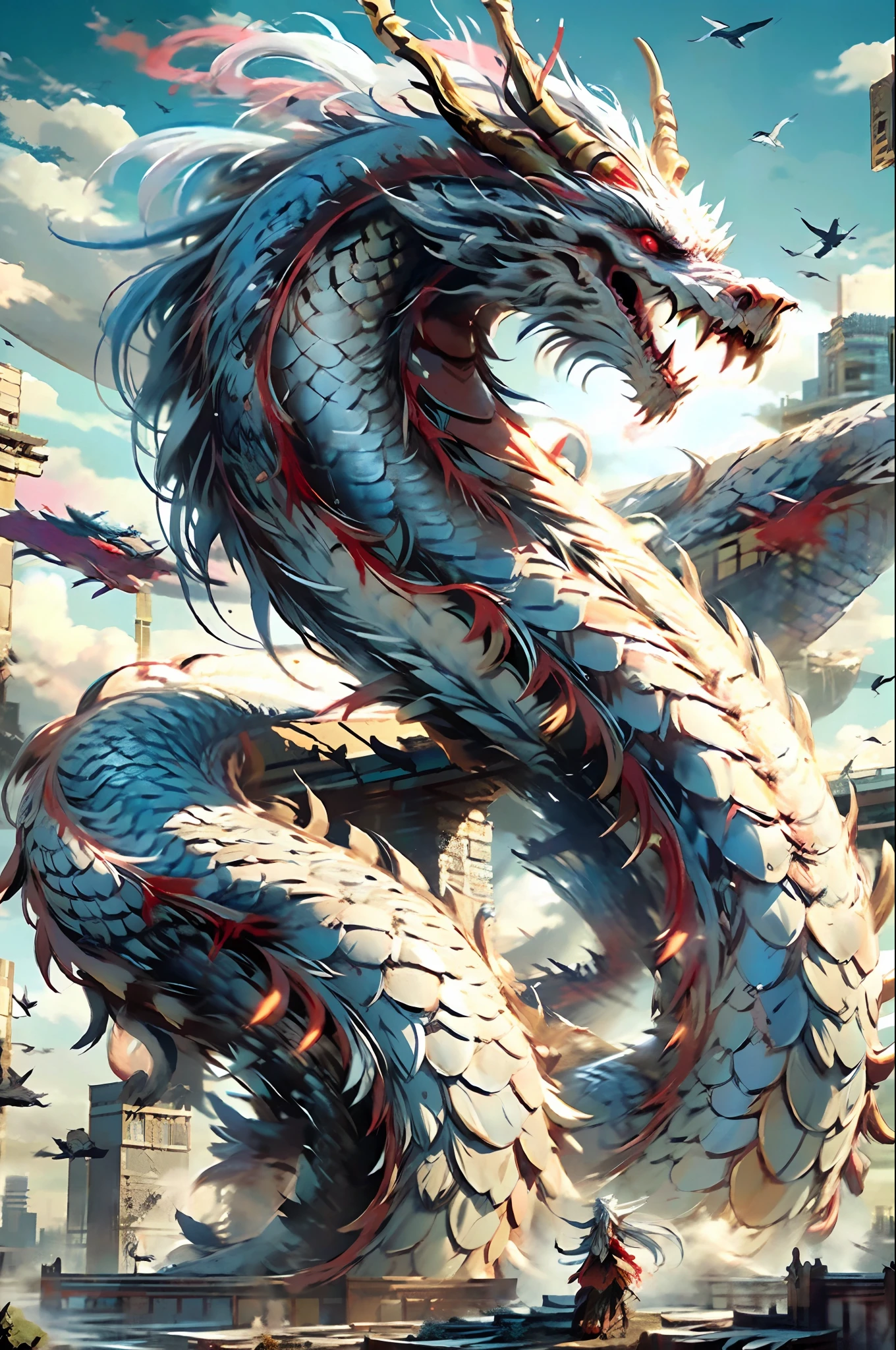 Best quality,masterpiece,ultra high res,nu no humans, (long:1.2),long hair, sharp teeth, red eyes, teeth, giant, 1girl, bird, outdoors, standing, scales, cloud, horns, from behind, armor, sky, open mouth, monster, size difference, white hair, building