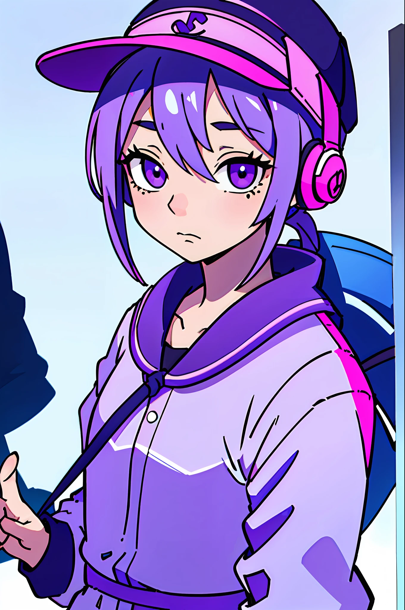 Girl, short blue-pink hair, purple eyes, light in the eyes, headphones around her neck, a mole at the corner of the eye, trendy dress, single full portrait, with purple baseball cap, long pants, (best-quality:0.8), perfect anime illustration, extremely close-up beauty