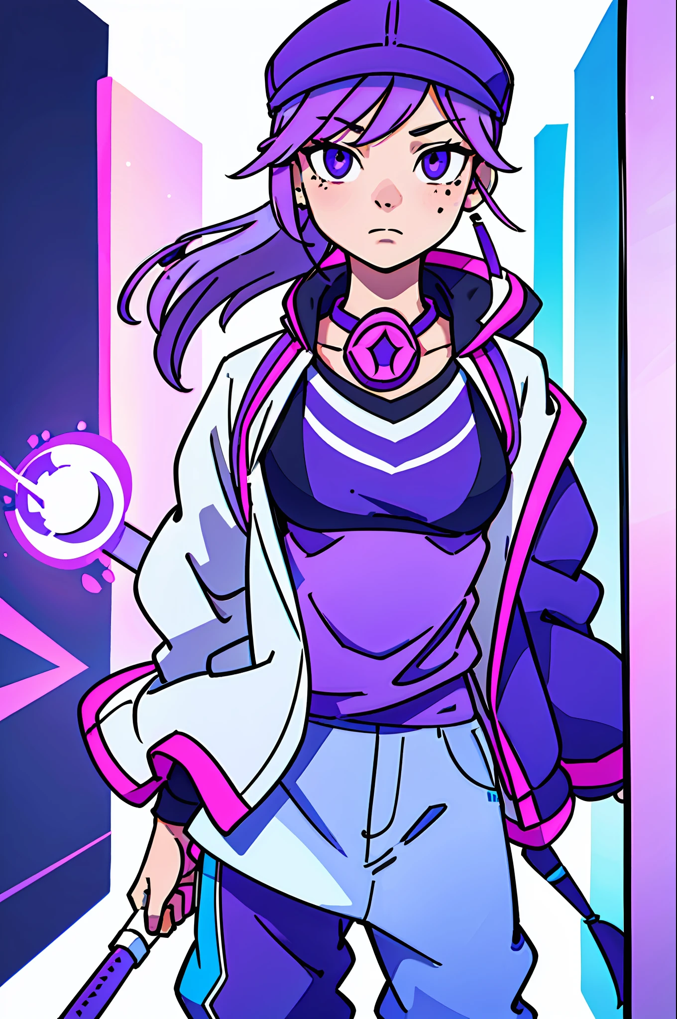 Girl, short blue-pink hair, purple eyes, light in the eyes, headphones around her neck, a mole at the corner of the eye, trendy dress, single full portrait, with purple baseball cap, long pants, (best-quality:0.8), perfect anime illustration, extremely close-up beauty