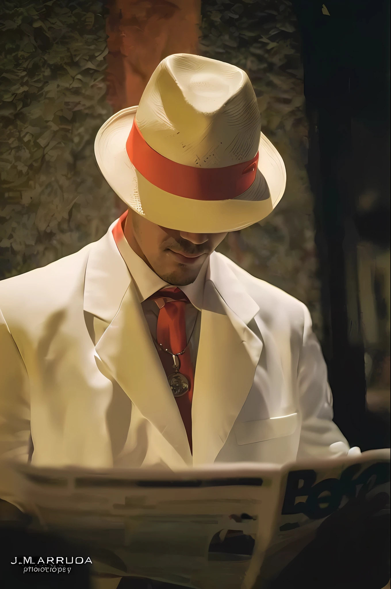 man in white suit and red tie reading a newspaper, white suit and hat, a man in a hat, tilting his fedora, noir detective and a fedora, wearing white suit, white suit, handsome man, instagram photo, straw hat and album, wearing futuristic white suit, masterpiece, best quality, high quality, extremely detailed CG unit 8k wallpaper,  award-winning photography, Bokeh, Depth of Field, HDR, bloom, chromatic aberration, photorealistic, extremely detailed, trend in artstation, trend in CGsociety, intricate, high detail, dramatic, art in the middle of the journey, volumetric lighting