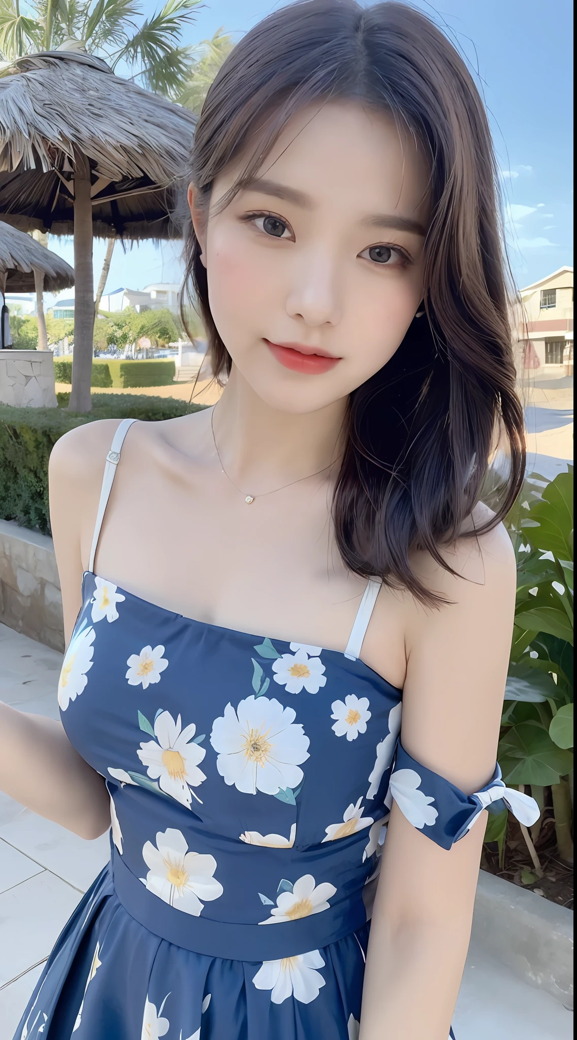 ((Best Quality, 8K, Masterpiece: 1.3)), Focus: 1.2, Perfect Body Beauty: 1.4, Buttocks: 1.2, (Layered Haircut: 1.2)), (Dark Street: 1.3), Highly Detailed Face and Skin Texture, Fine Eyes, Double Eyelids, Whitened Skin, Long Hair, (Round Face: 1.5), (Blue Fairy Floral Dress: 1.6) Outdoor, Love Island Resort, Beach