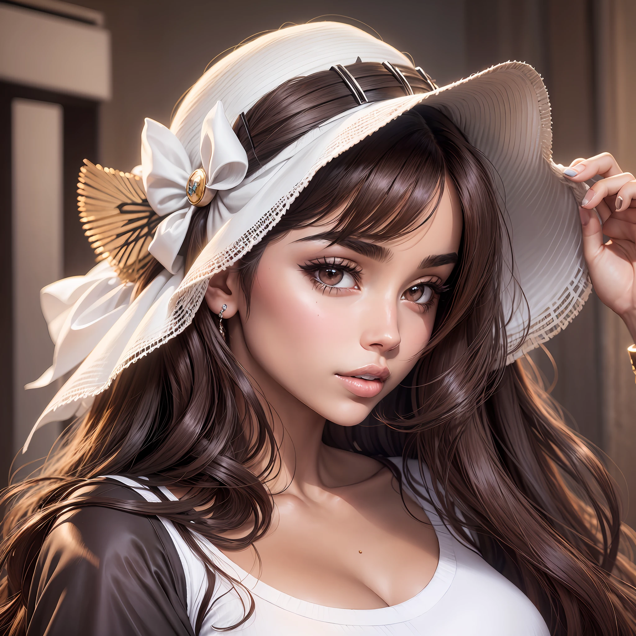 a closeup of an anitta singer woman with long hair wearing a white shirt, Madison Beer, Madison Beer Girl Portrait, Olivia Culpo, brunette with dyed brown hair, Violet Myers, gorgeous Latino face, portrait of Demi Rose, long brown hair, Soft Devil Queen Madison Beer, brown hair with bangs, dark brown hair and tanned skin, by Robbie Trevino --auto --s2