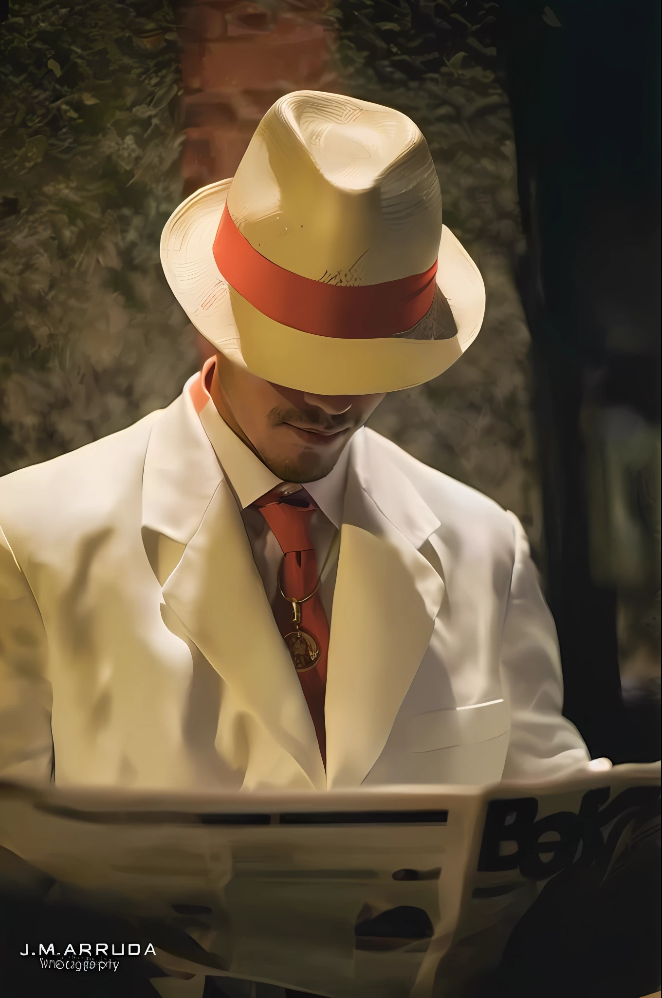 man in white suit and red tie reading a newspaper, white suit and hat, a man in a hat, tilting his fedora, noir detective and a fedora, wearing white suit, white suit, handsome man, instagram photo, straw hat and album, wearing futuristic white suit, masterpiece, best quality, high quality, extremely detailed CG unit 8k wallpaper, award-winning photography, Bokeh, Depth of Field, HDR, bloom, chromatic aberration, photorealistic, extremely detailed, trend in artstation, trend in CGsociety, intricate, high detail, dramatic, art in the middle of the journey, volumetric lighting