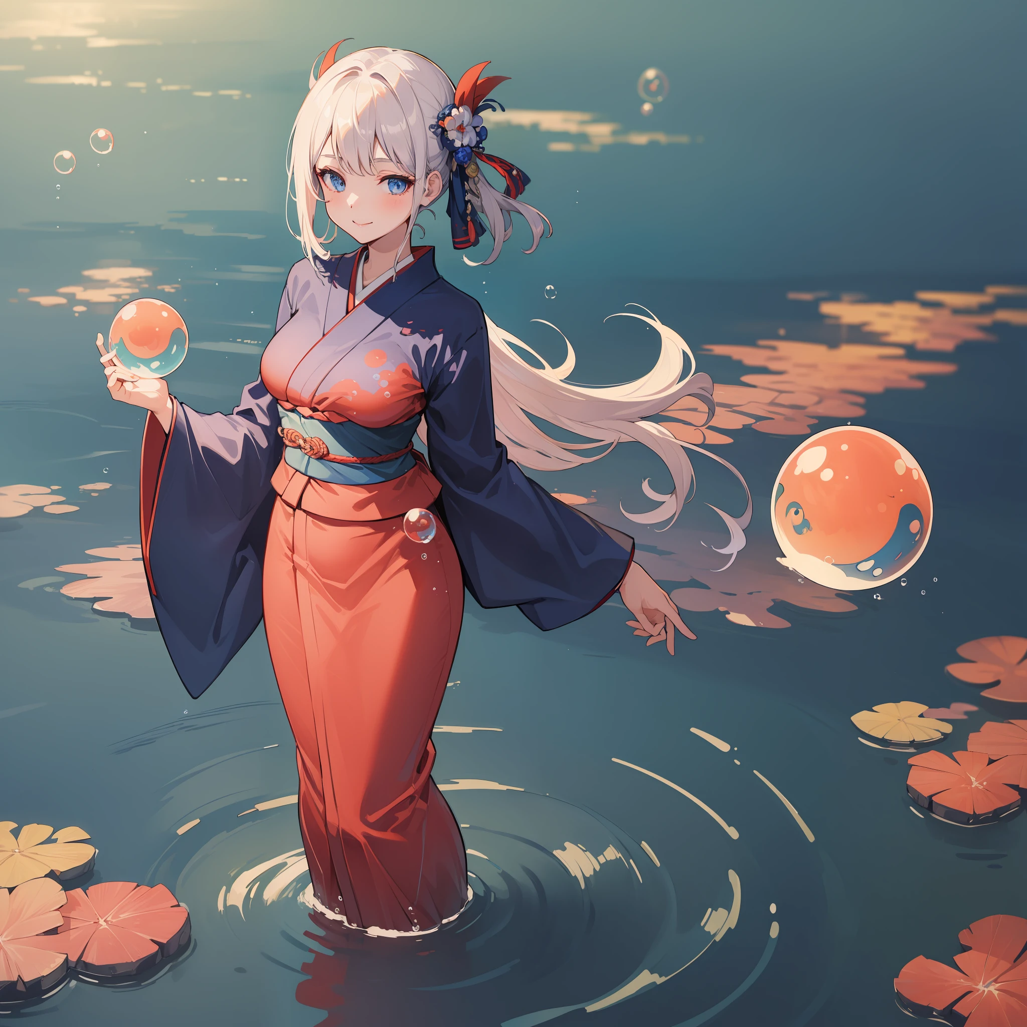 (Masterpiece), ((Best Quality)), (Super Detail), 1 Girl, Dark Blue Shorthair, Medium Breasts, Smile, Stone Brick Road, Fish, Dark Blue Eyes, Kimono, Japanese Clothing, Solo, Red Kimono, Blue Kimono, Peach Kimono, Watch Viewer, Wide Sleeves, Bubbles, Long Sleeves, Parting Bangs, Standing, Holding, Bangs, Animal, Air bubbles, Water