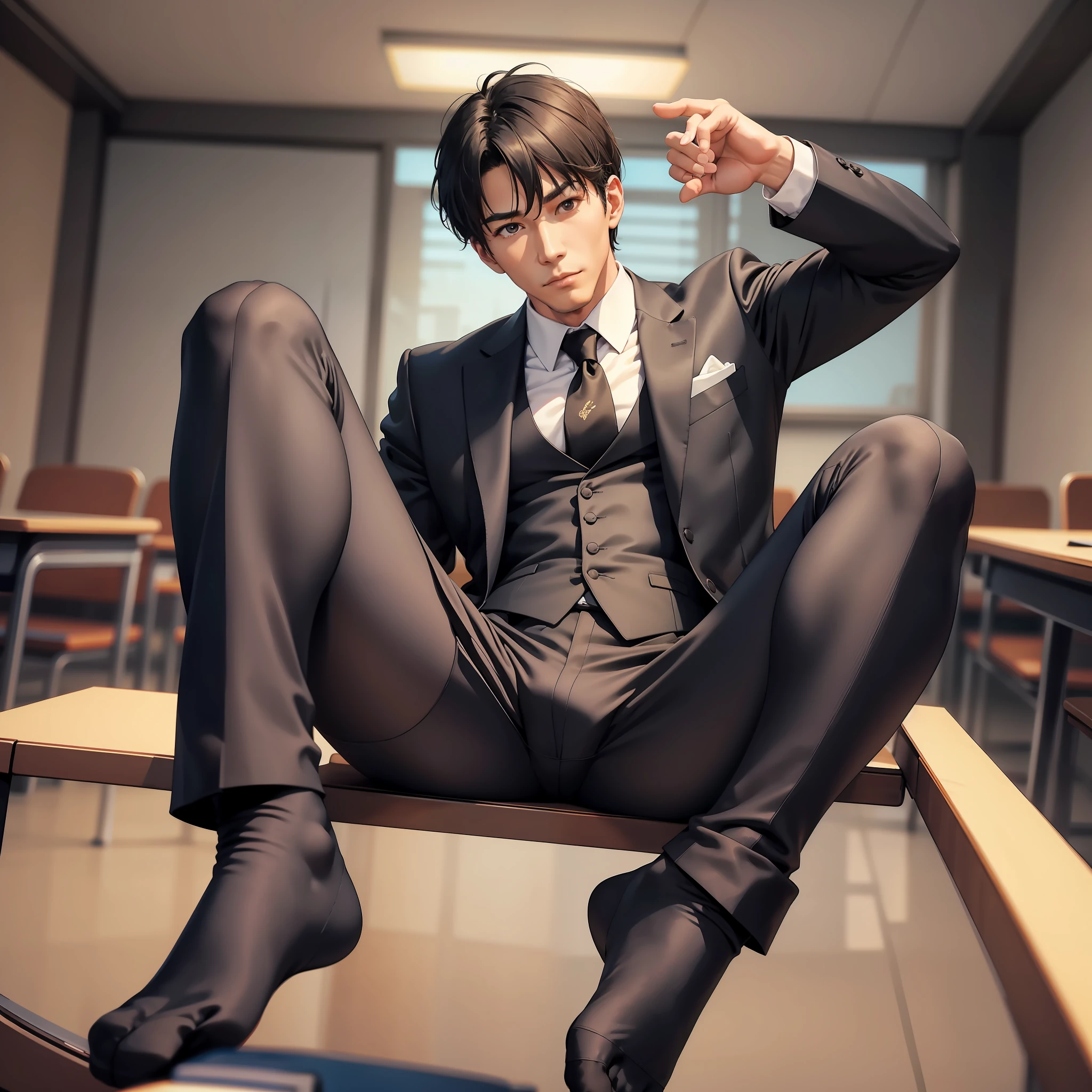 Masterpiece, best quality, face, natural eyes, 1 person, Chinese, big feet, black socks, (without shoes), full body, (suit), large bulge, long legs, looking at the audience, 30 years old, muscular, short hair, sitting at a desk with legs extended, in the classroom --auto --s2