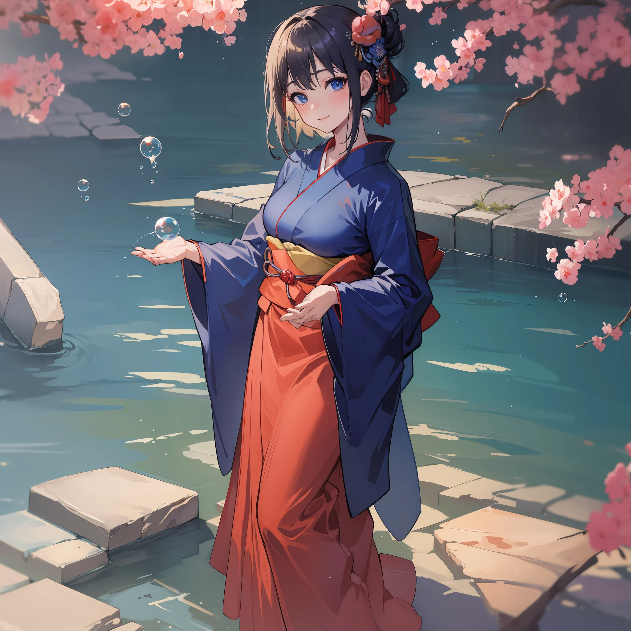 (Masterpiece), ((Best Quality)), (Super Detail), 1 Girl, Dark Blue Shorthair, Medium Breasts, Smile, Stone Brick Road, Fish, Dark Blue Eyes, Kimono, Japanese Clothing, Solo, Red Kimono, Blue Kimono, Peach Kimono, Watch Viewer, Wide Sleeves, Bubbles, Long Sleeves, Parting Bangs, Standing, Holding, Bangs, Animal, Air bubbles, Water