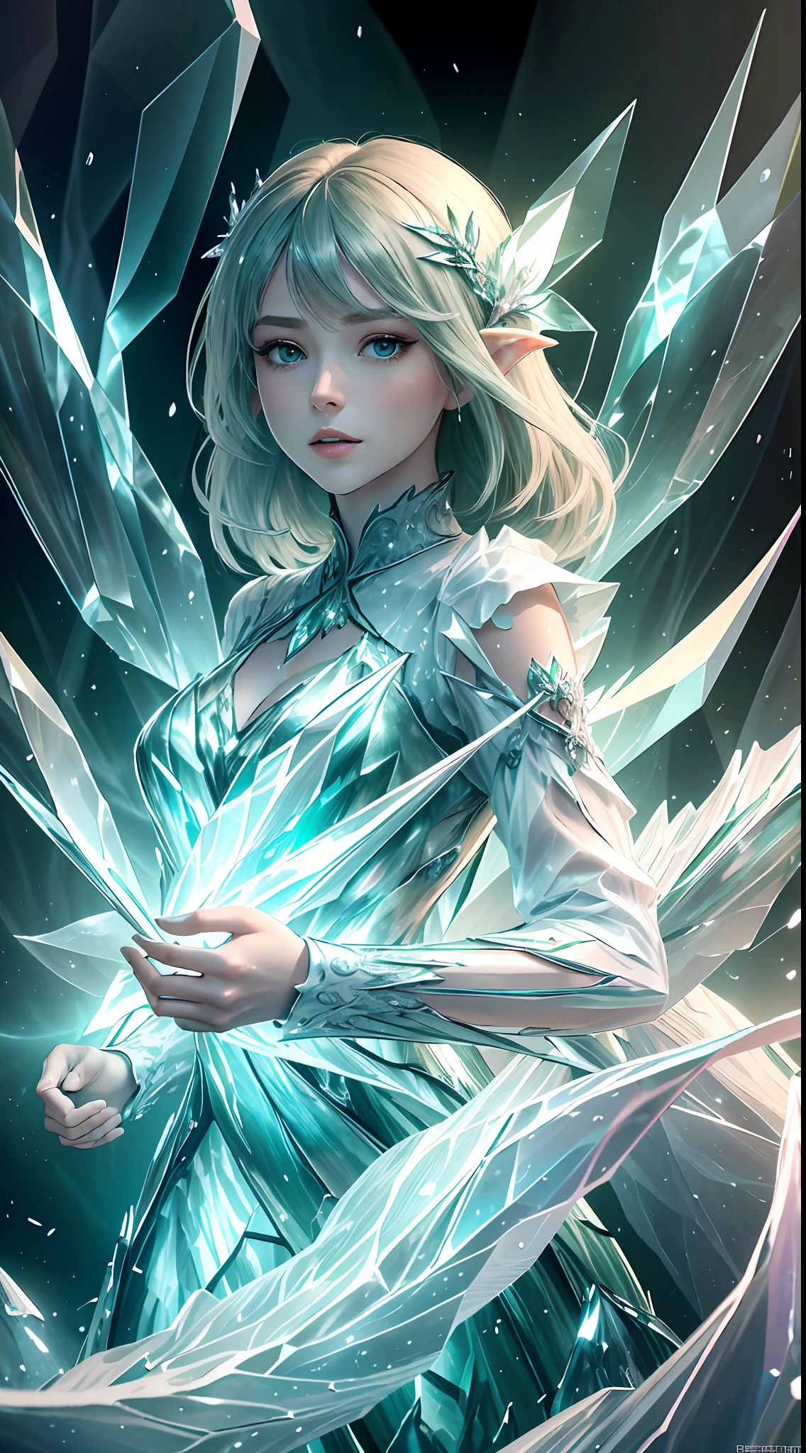 (Masterpiece, Top Quality, Best, Official Art, Beautiful and Aesthetic, Long Exposure: 1.2), Smooth Movement, Charming Patterns, 1 Girl, (Long Dress with Sleeves: 1.3), (((Green Clothes) )), upper body close-up, bare shoulders, Chinese girl, blush, black lob hair, portrait, solo, upper body, looking at the observer, detailed background, detailed face, (crystallineAI, crystalline theme:1.1), elemental wood elf, rotation foliage, control foliage, emerald clothing, dynamic pose, floating particles, ethereal dynamics, foliage, vapor, forest in the background, green tint, forest, ethereal atmosphere,