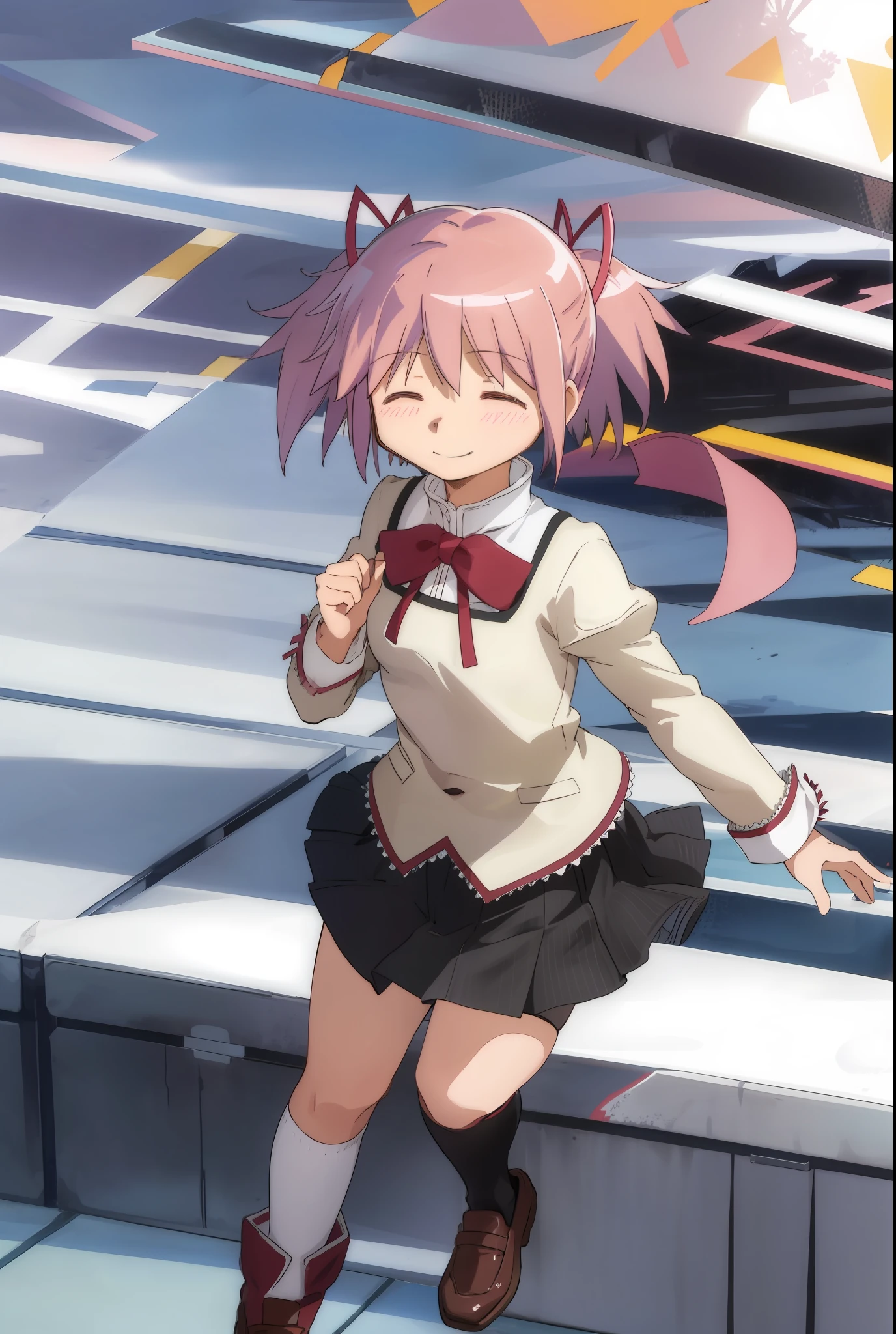 1girl, solo, madoka, school uniform, black skirt, happy, closed mouth, outdoors background
