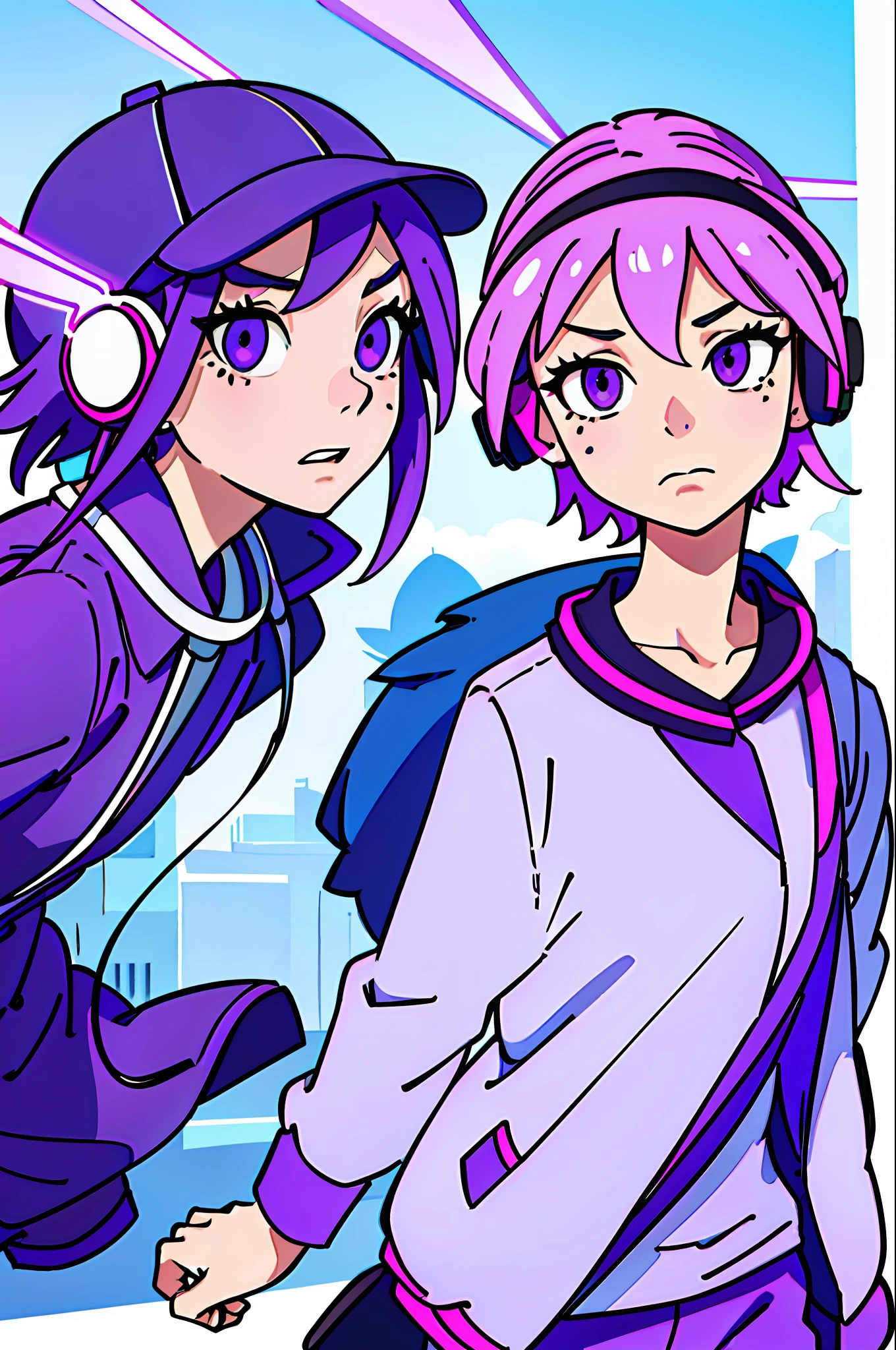 Mature woman, short blue-pink hair, purple eyes, light in the eyes, headphones around the neck, a mole at the corner of the eye, trendy dress, single full portrait, with purple baseball cap, long pants, (best-quality: 0.8), perfect anime illustration, extremely close-up beauty