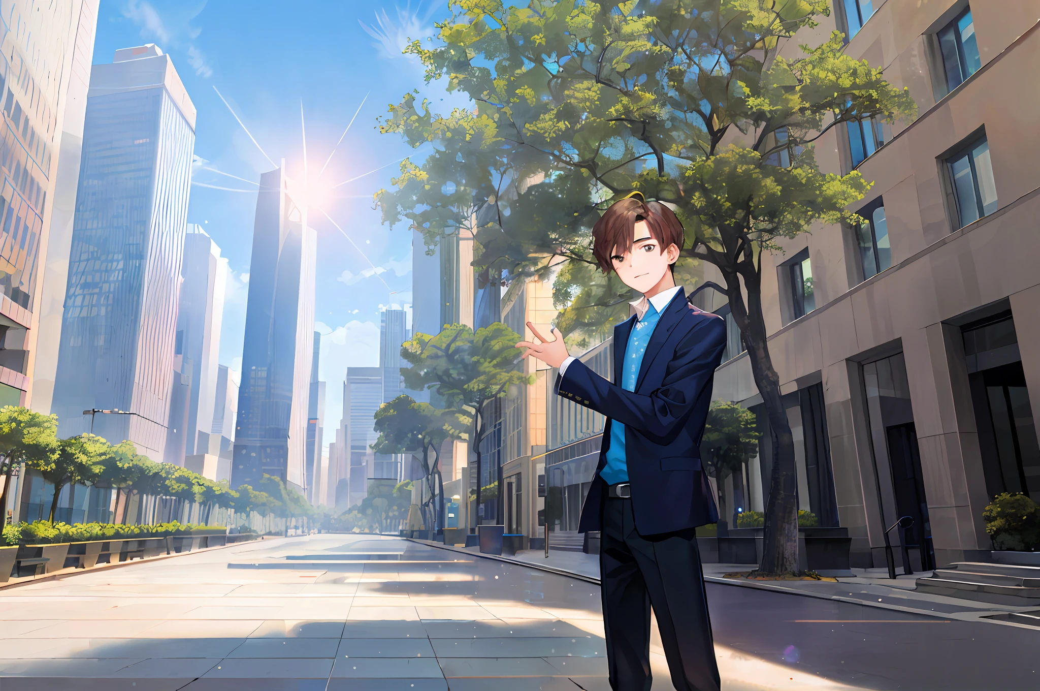 (Medalist, best quality, excellent quality), ((1boy, solo)), sky, city, (skyscrapers), trees, pavement, lens flare,