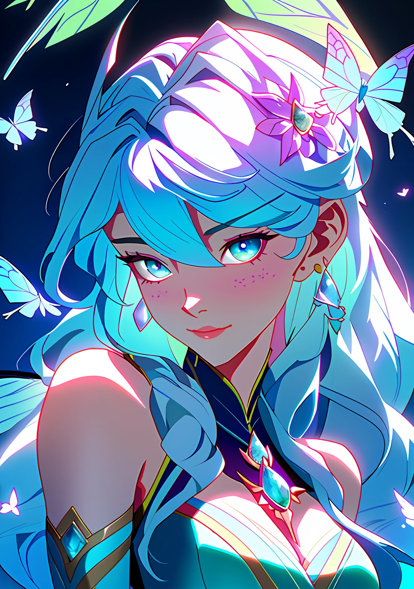 a close up of a woman, with butterflys on her hair, 1girl, a woman, faery girl, fairycore, aesthetic cute with flutter, fairy aesthetics, inspired by Yanjun Cheng, fantasy aesthetic!, belle delphine, beeple and jeremiah ketner, ethereal fairytale, loish and ross tran, aesthetic portrait, ethereal flowerpunk, fantasy aesthetic, iridescent # imaginativerealism, (((masterpiece))), uhd, cinematic lights, 4k,8k,16k