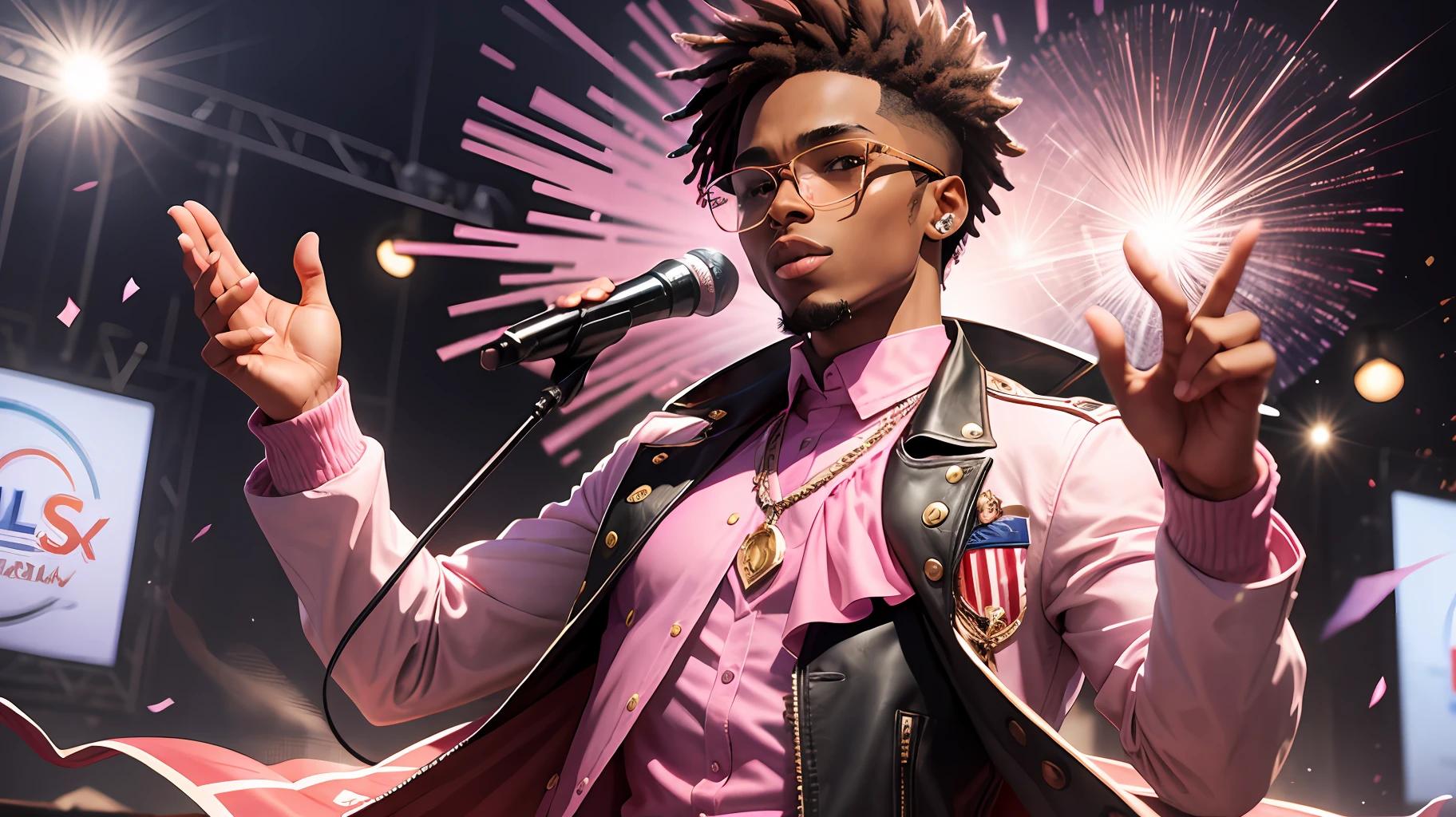 Of course, here's the prompt:
A 25-year-old with brown skin and Juliet glasses is a big fan of rap artist Sidoka. He decided to create a look inspired by him, wearing a stylish outfit and one of the iconic Juliet, also in pink. The young man feels confident and powerful when he wears this garment, believing that he can conquer the world. He decides to compete in a local talent show, singing one of Sidoka's songs. With his pink Juliet and cool clothes, he takes the stage and begins to sing with intensity and passion. The audience is impressed by his performance, applauding and encouraging him. The young man can feel the energy of the audience, feeding his confidence and self-esteem. In the end, he is announced as the big winner of the competition. How does he feel about receiving the award? How does he think Sidoka would react to his performance? --auto --s2