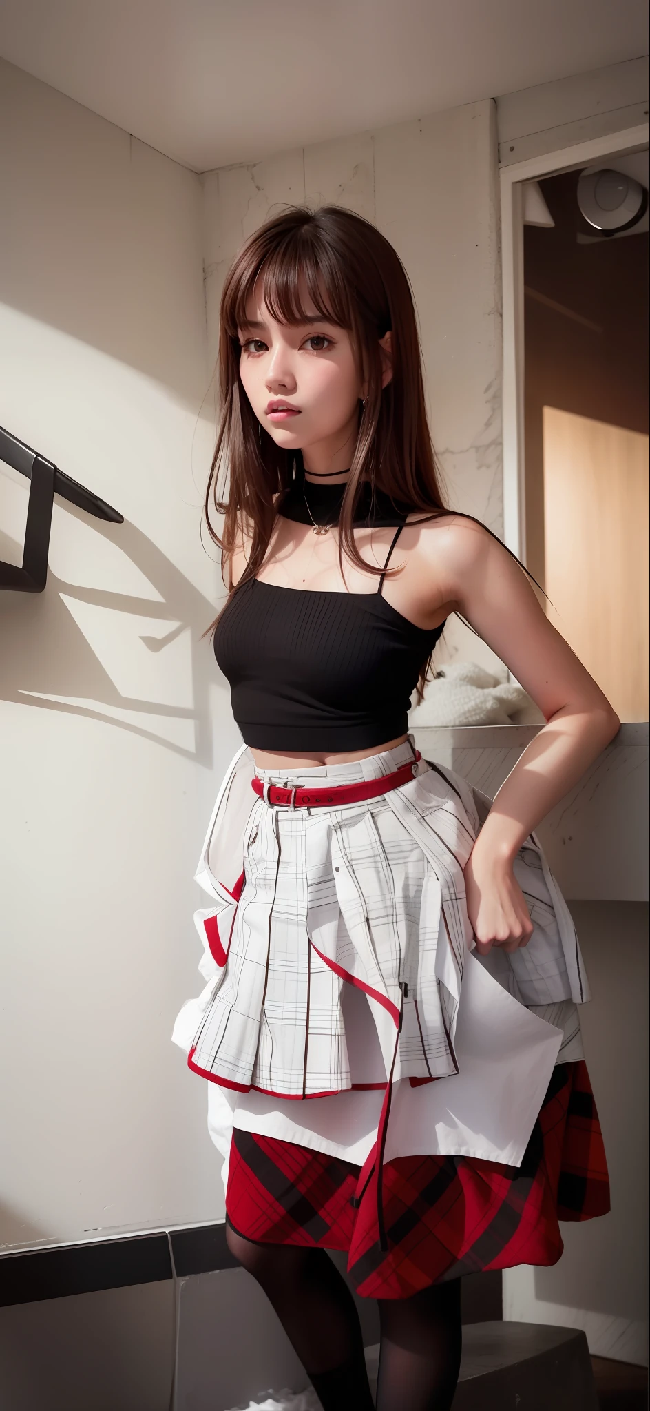 Brown hair, white skin, black cropped, plaid red skirt, black socks