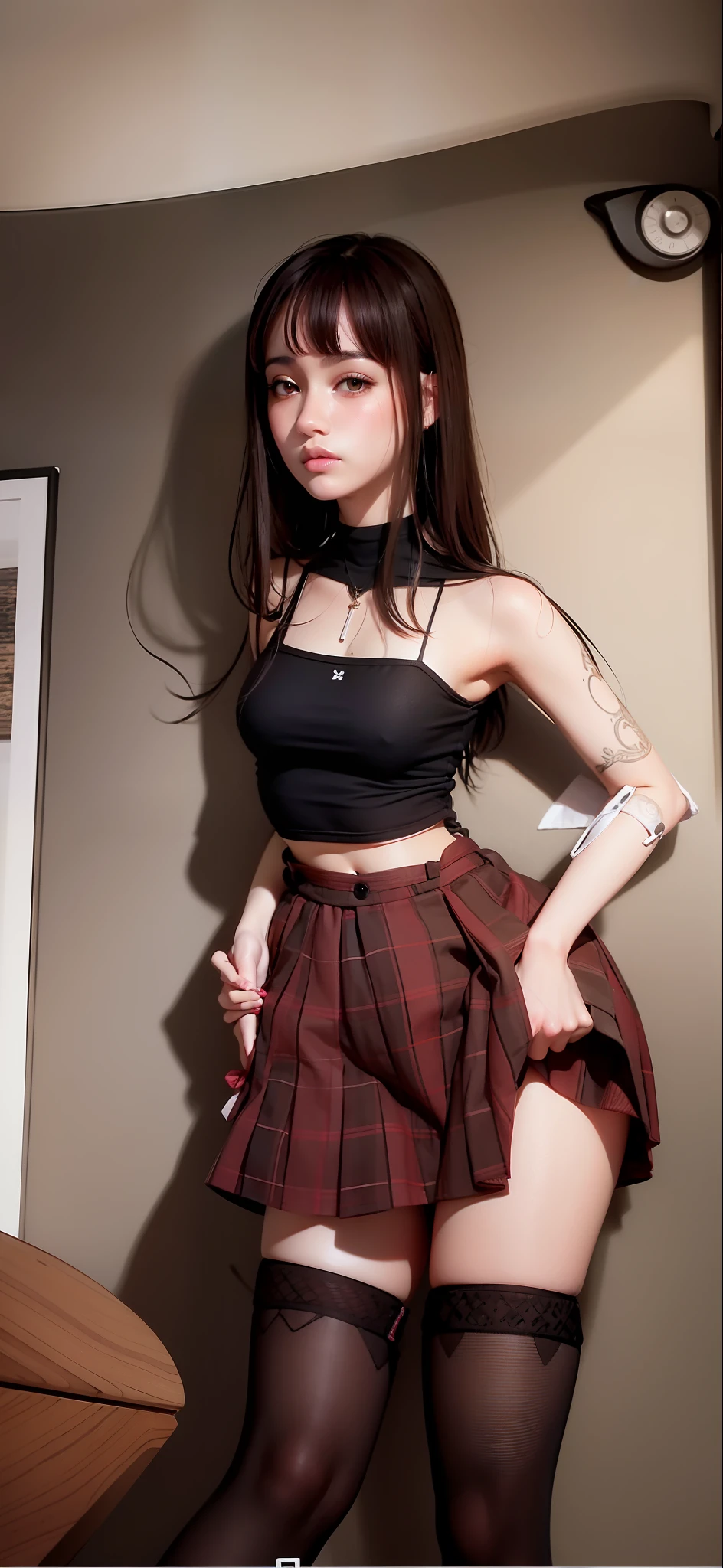 Brown hair, white skin, black cropped, plaid red skirt, black socks