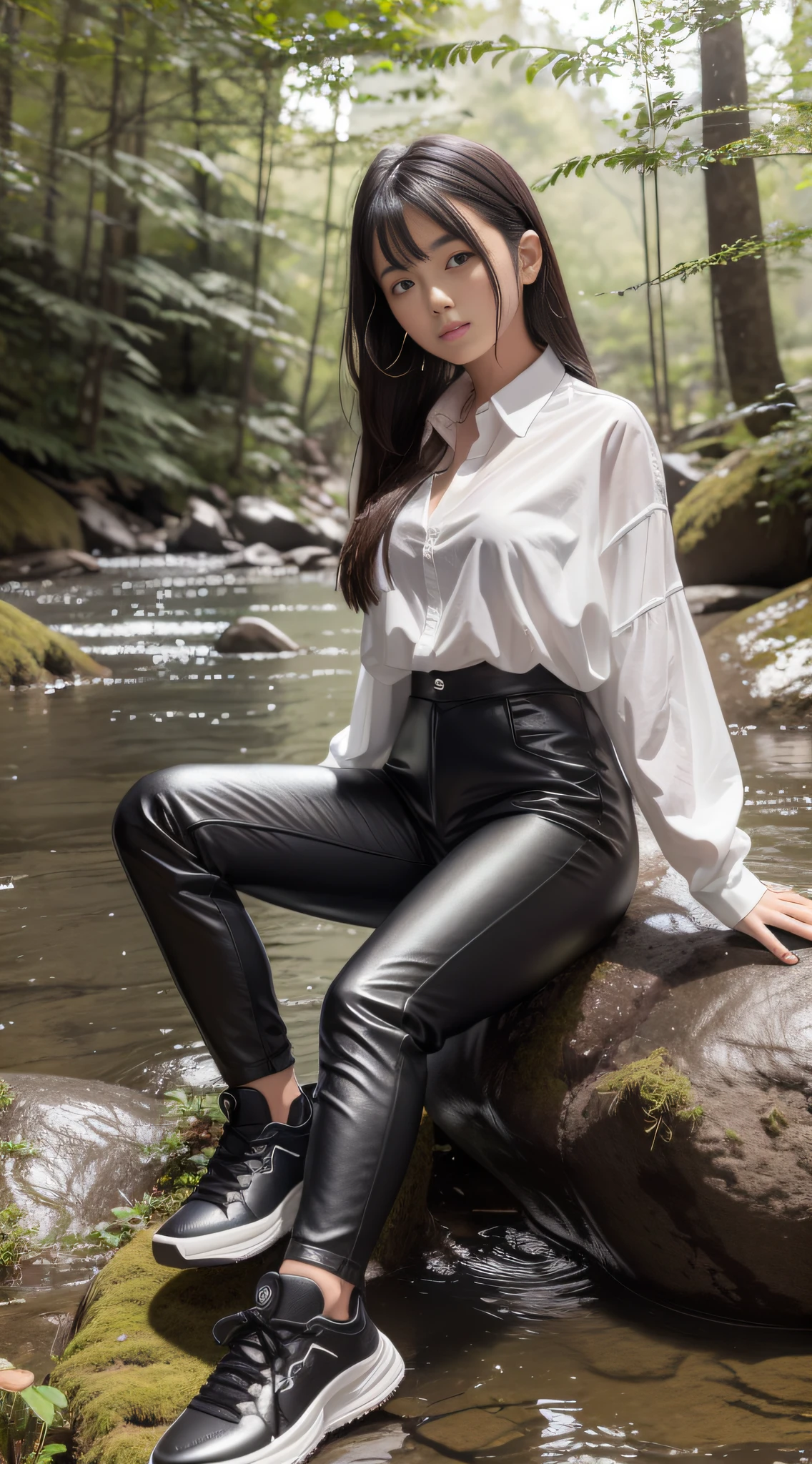 A girl in a soaked white shirt, black leather pants and sneakers sits on a large rock in the forest, surrounded by water