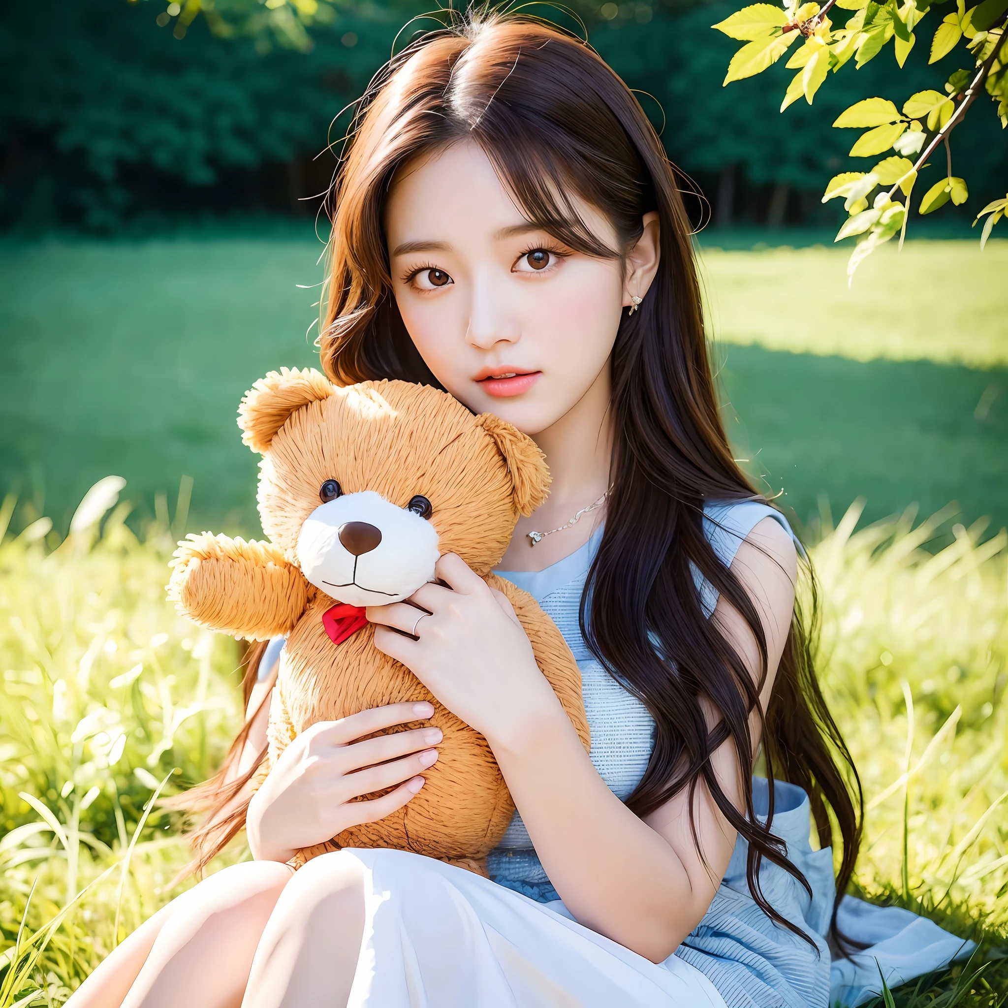 araffe woman sitting in a field holding a teddy bear, tzuyu from twice, cute korean actress, holding a teddy bear, bae suzy, with cute - fine - face, ulzzang, jaeyeon nam, beautiful south korean woman, young and cute girl, jisoo from blackpink, jisoo of blackpink, photo taken with canon 5d, beautiful young korean woman
