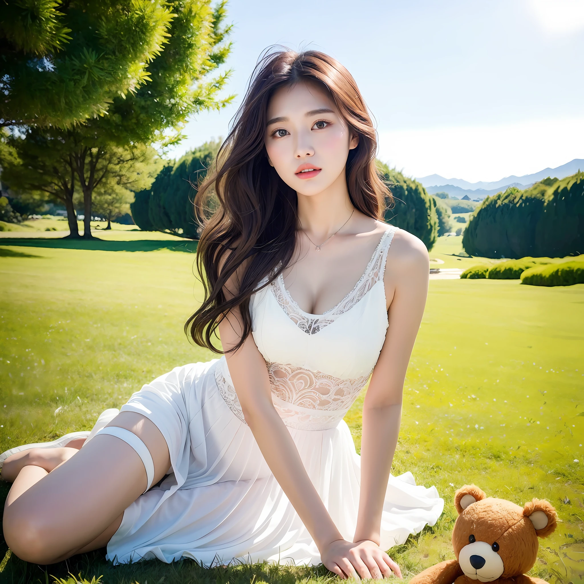 (extremely detailed CG unity 8k wallpaper,masterpiece, best quality, ultra-detailed),(best illumination, best shadow, an extremely delicate and beautiful),white dress,androgynous, Arabian woman, Asian model, alone, lonely beauty, grasslands, teddy bear, gorgeous chinese model, beautiful korean woman, beautiful korean young woman, gorgeous young korean woman, a cute young woman, beautiful girl model, young cute girl, cute korean actress, a beautiful young woman, chinese girl, cute young woman, beautiful lonely girl, Beautiful asian girl, Korean girl
